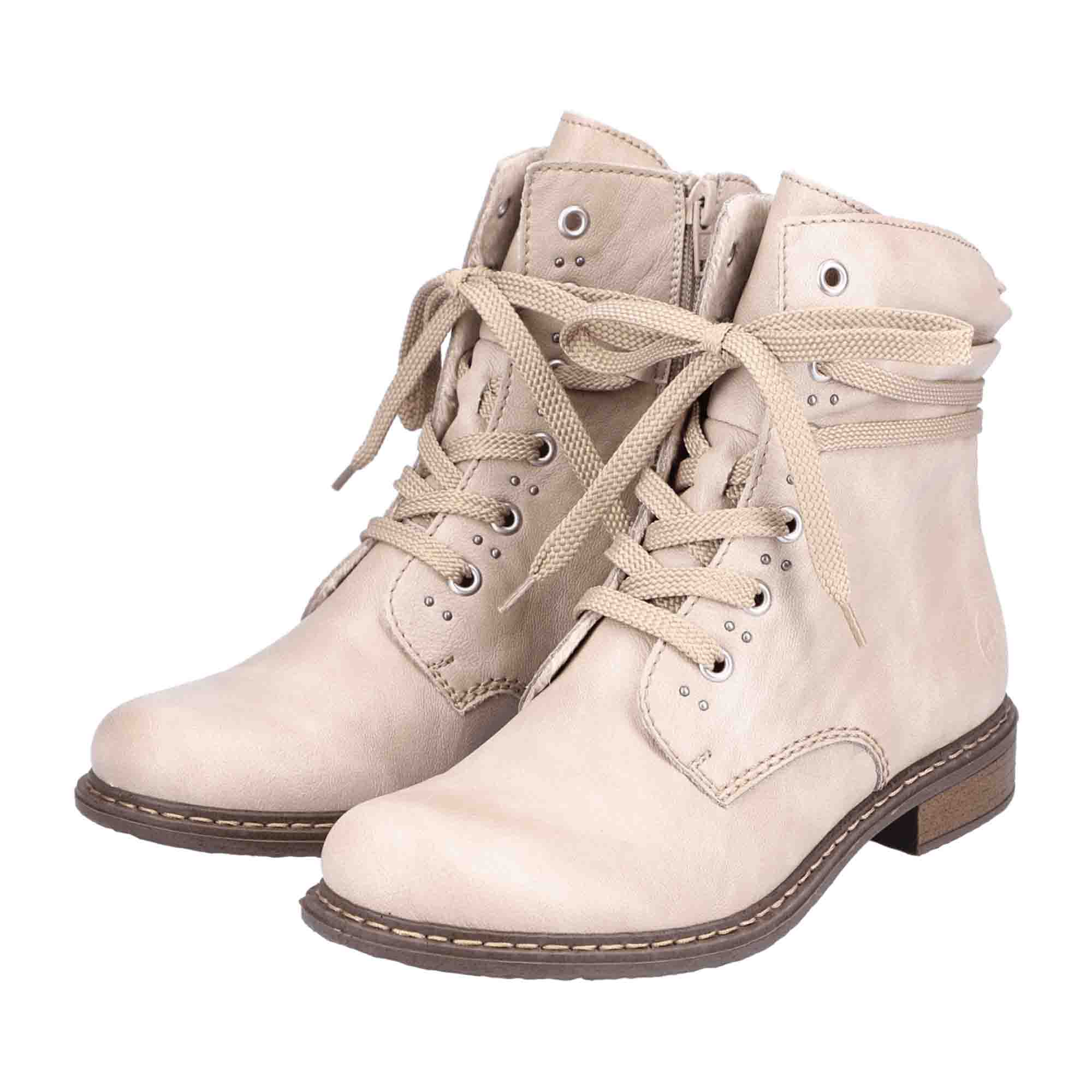 Rieker Beige Lace-Up Ankle Boots for Women with Warm Lining and Zip Closure