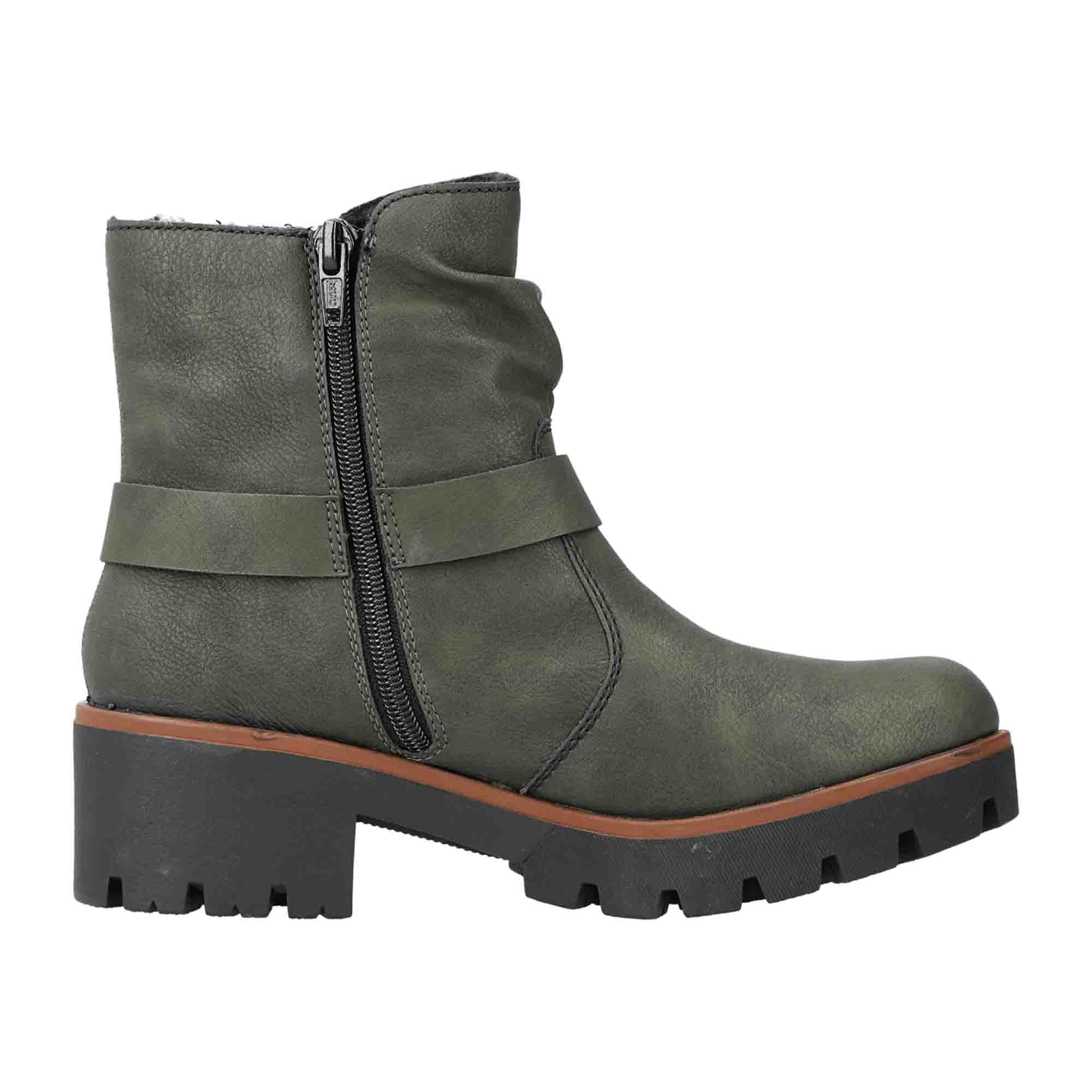 Rieker HWK Women's Green Ankle Boots with Side Zipper and Buckle Detail