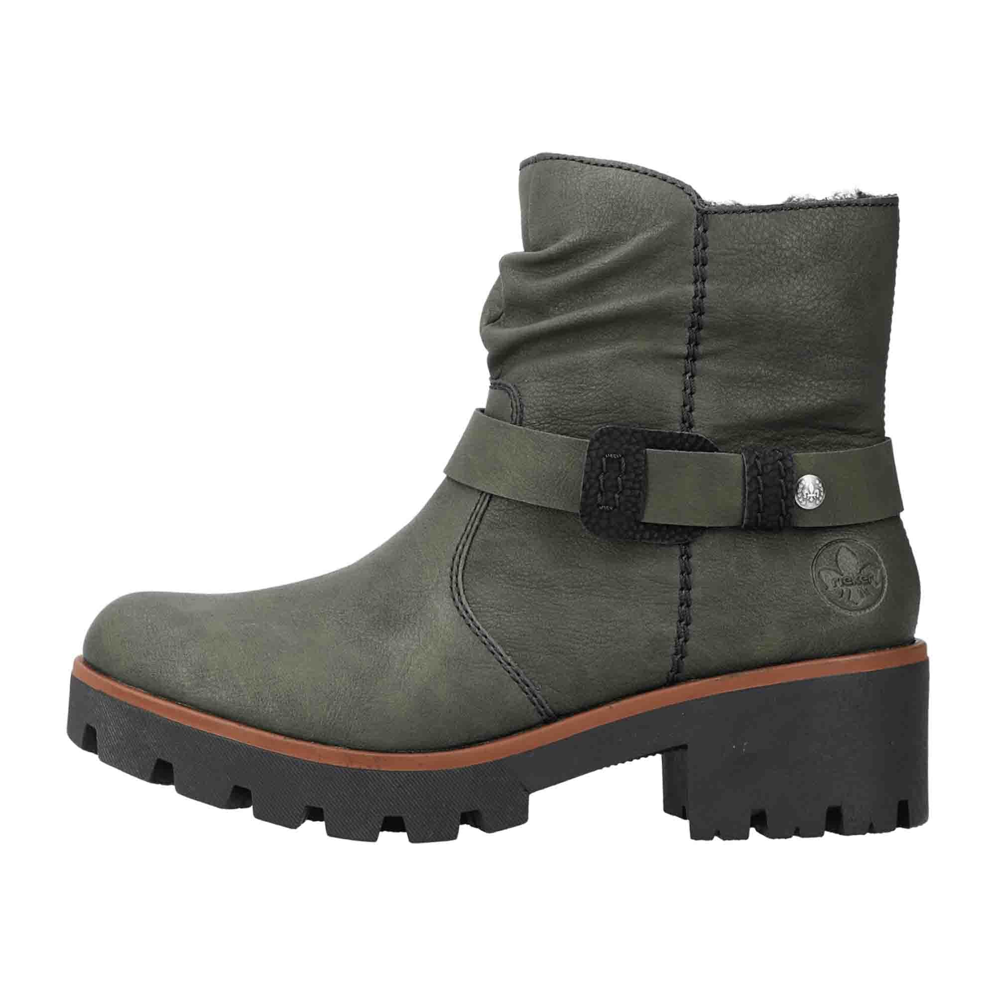 Rieker HWK Women's Green Ankle Boots with Side Zipper and Buckle Detail