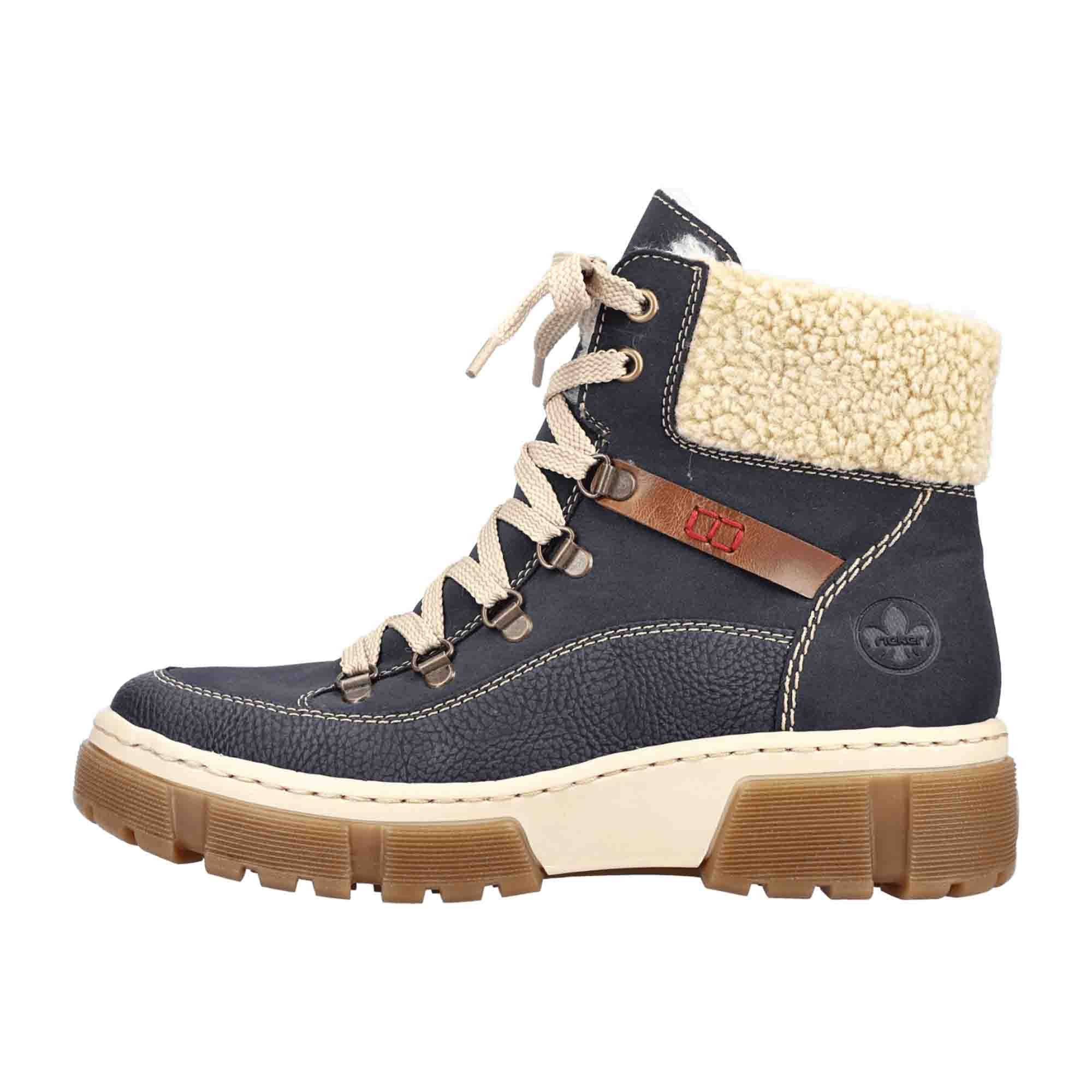 Rieker Women's Warm Lined Lace-Up Ankle Boots Blue Comfortable Winter Shoes