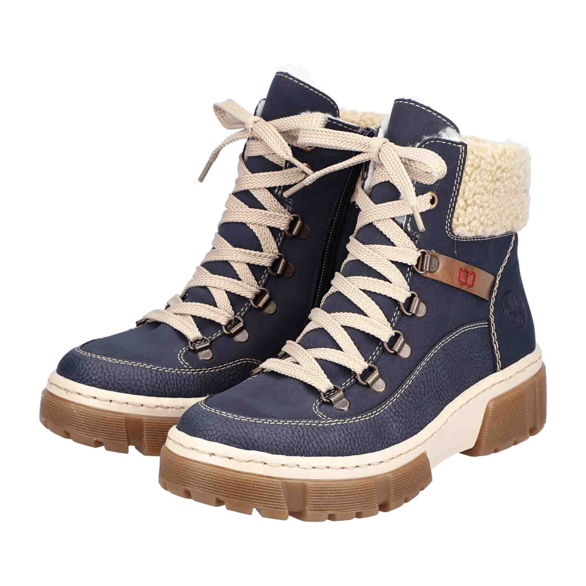 Rieker Women's Warm Lined Lace-Up Ankle Boots Blue Comfortable Winter Shoes
