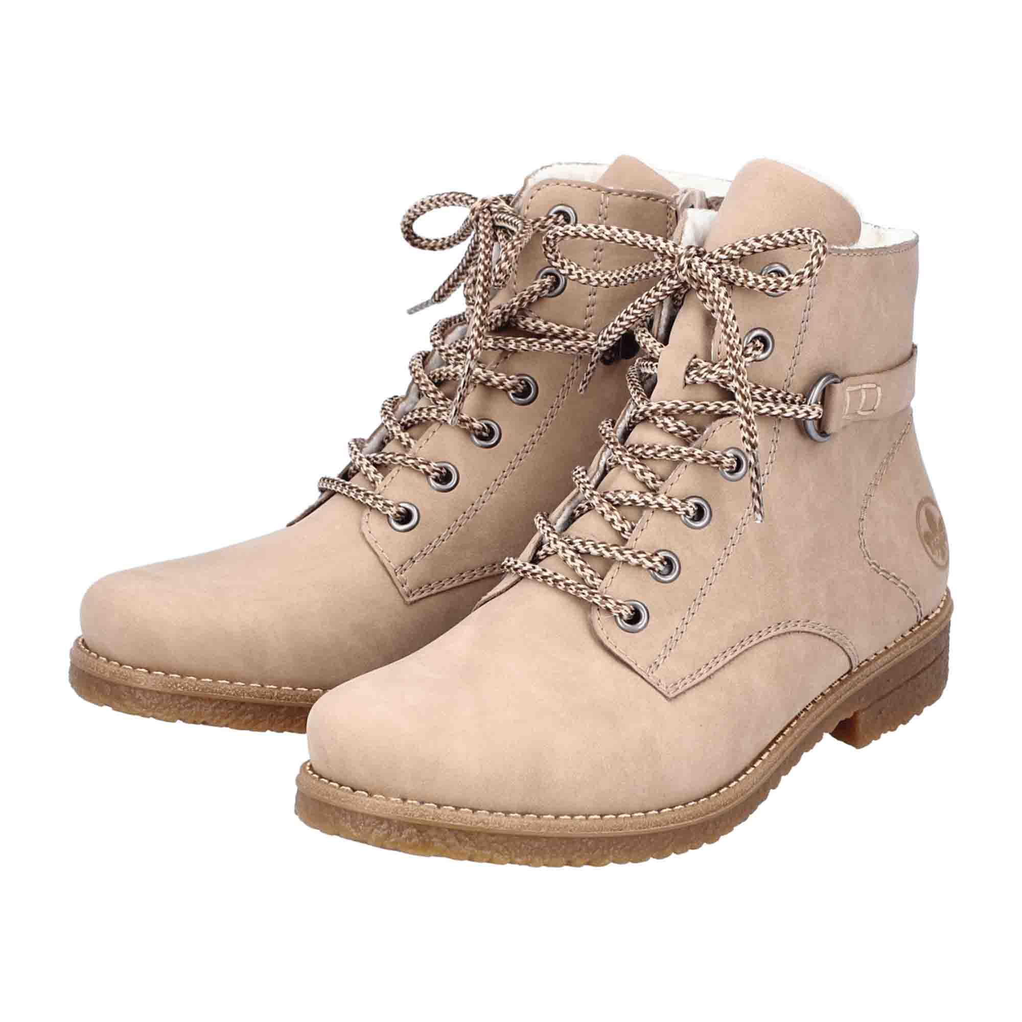 Rieker Women's Beige Lace-Up Ankle Boots with Zip and Comfort Sole