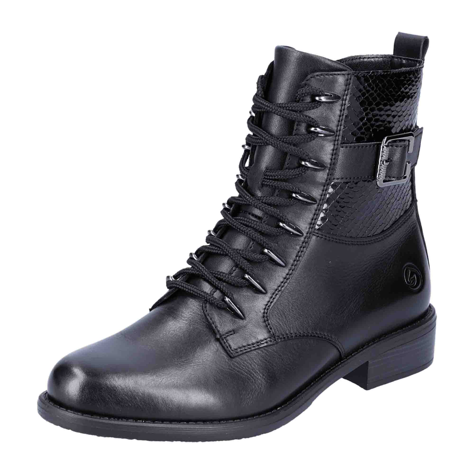 Remonte Women's Black Biker Boots with Side Zipper and Cushioned Insole
