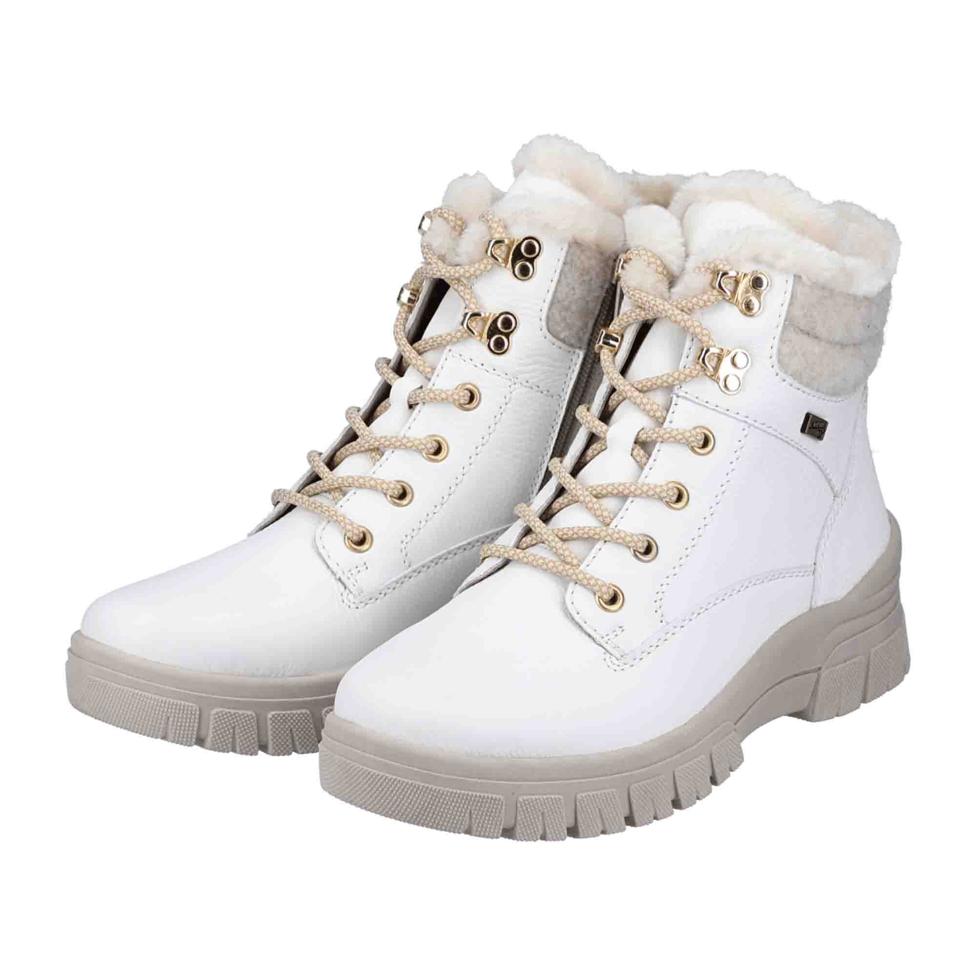 Remonte Women's White Leather Lace-Up Boots with Warm Lining for Winter