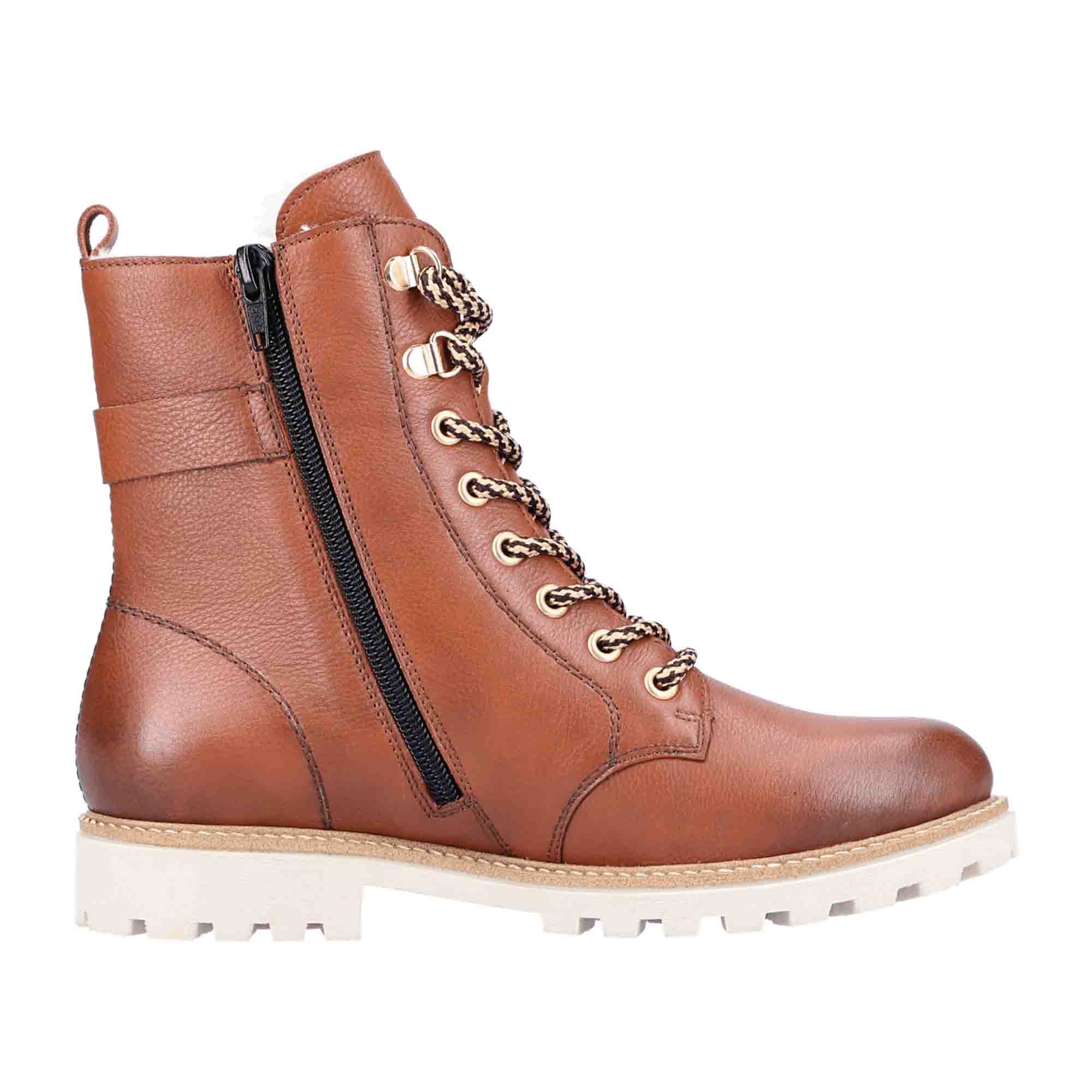 Remonte Women's Brown Leather Biker Boots with Warm Lining and Stylish Buckle