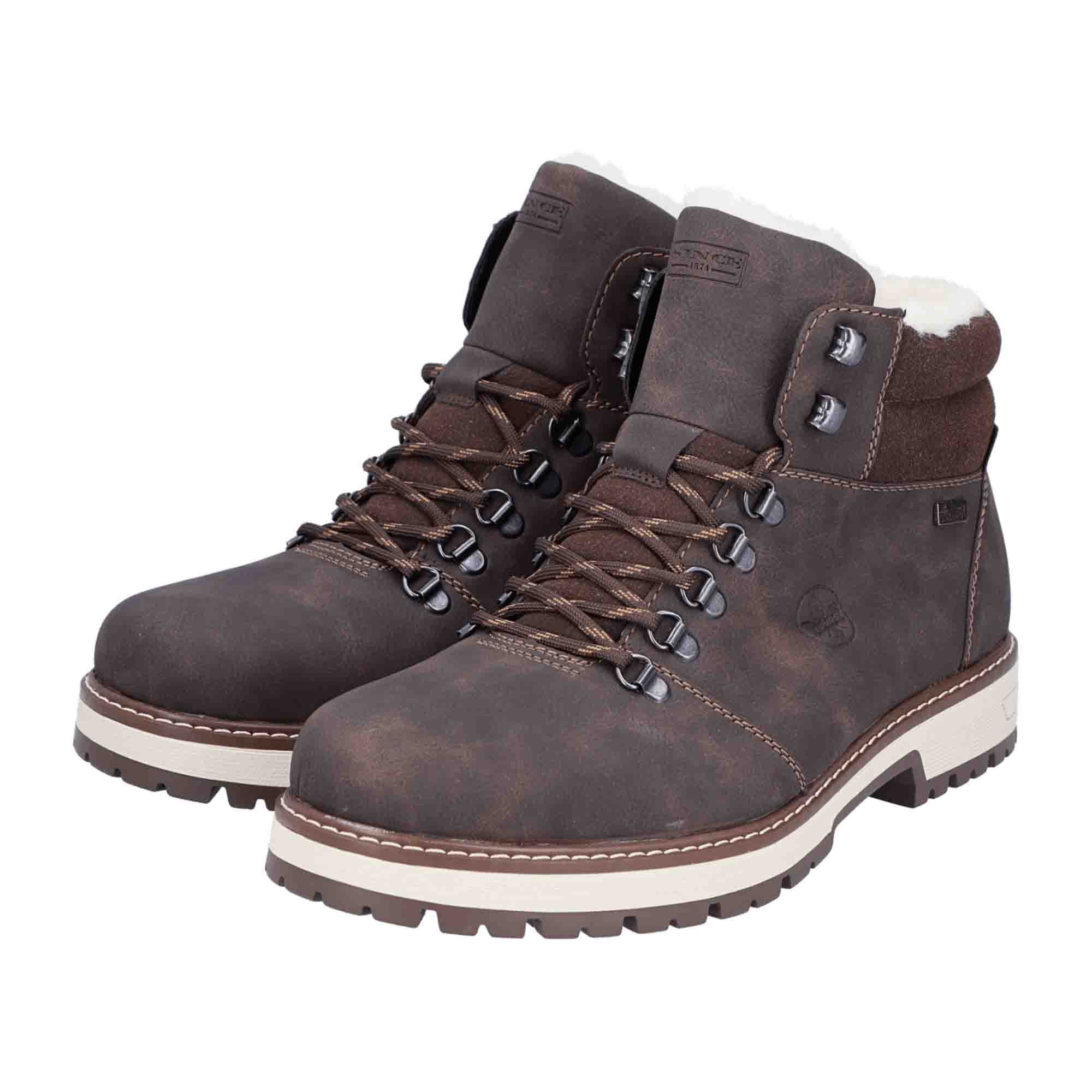 Rieker Men's Brown Boots F8333-25 Lace-Up Warm Lined Faux Leather Winter Shoes