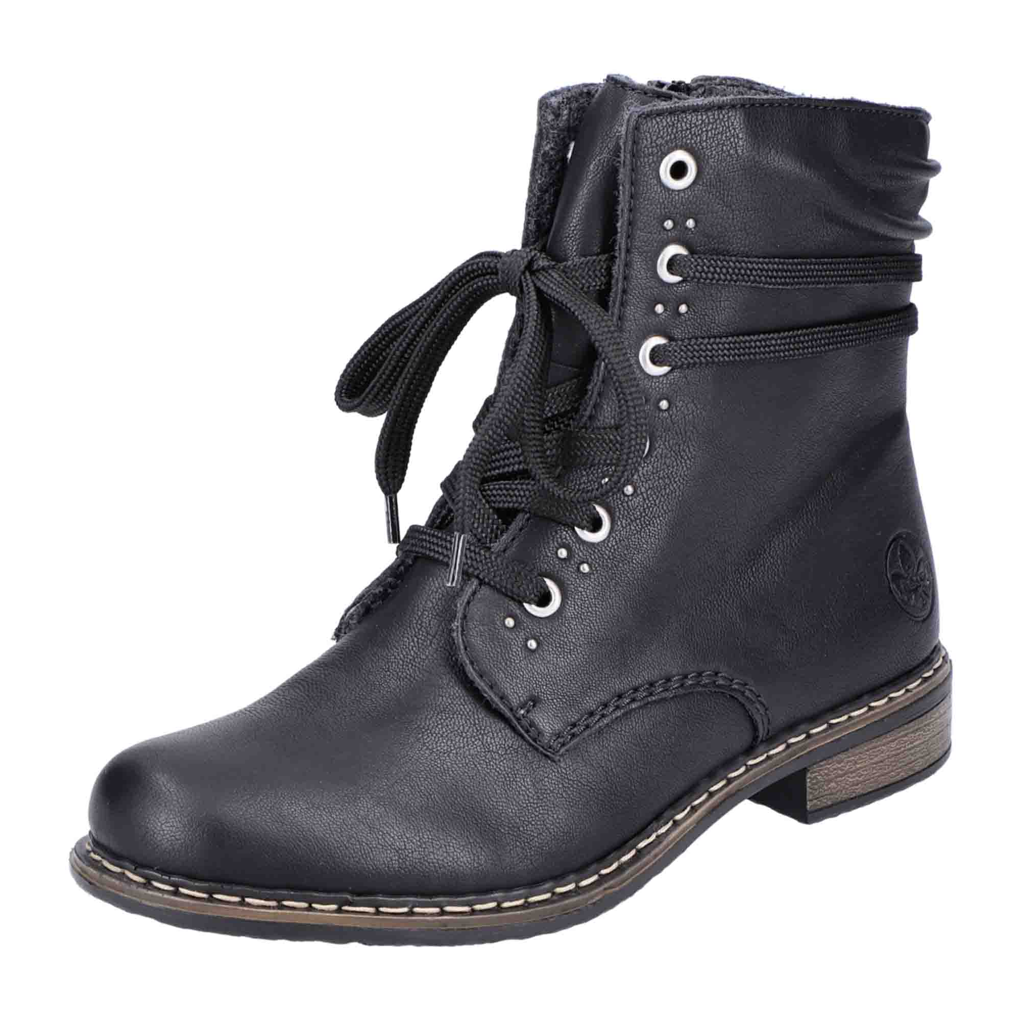 Rieker Women's Black Lace-Up Ankle Boots with Warm Lining and Easy Zip Closure