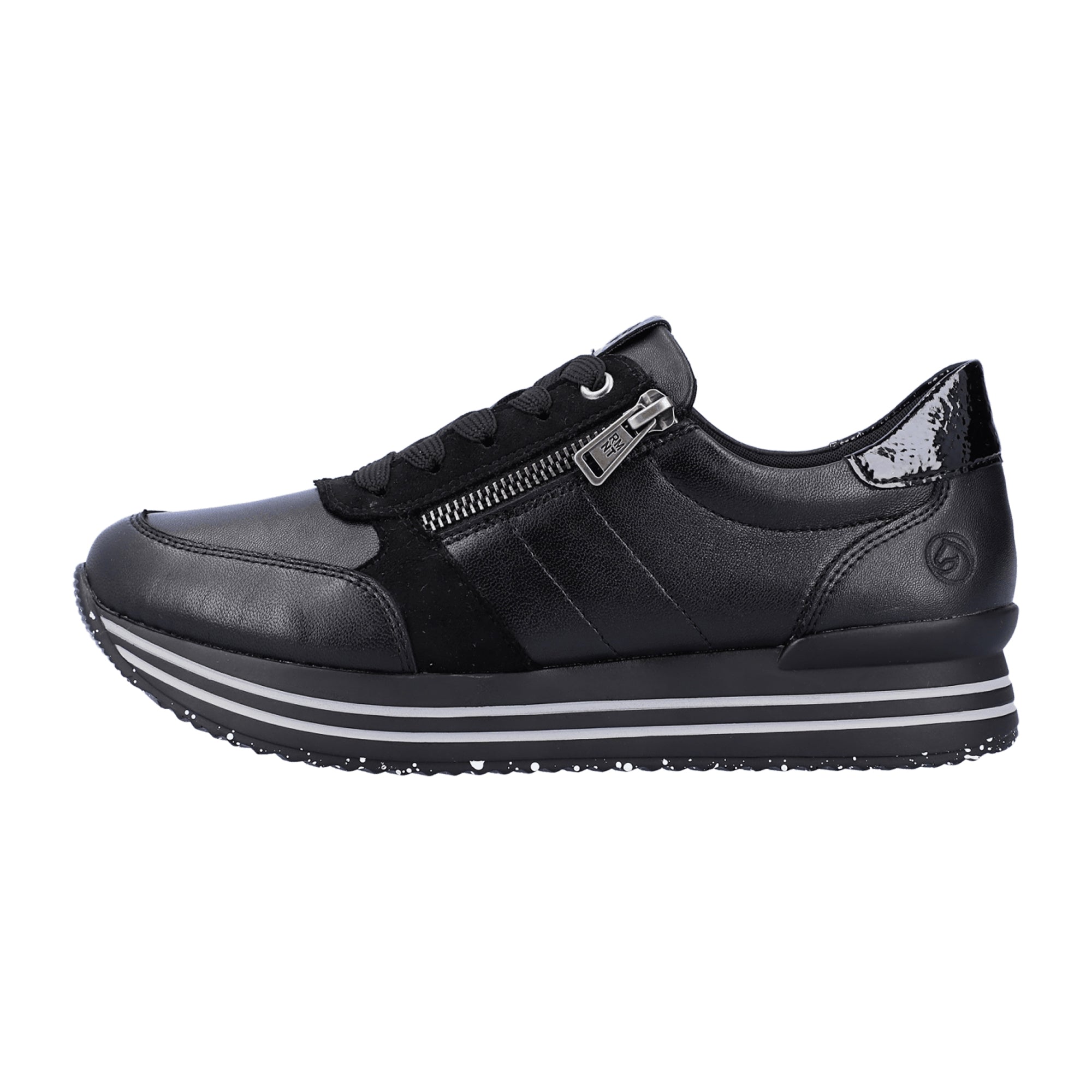Remonte Women's Black Leather Sneakers with Zip and Lace-Up Closure
