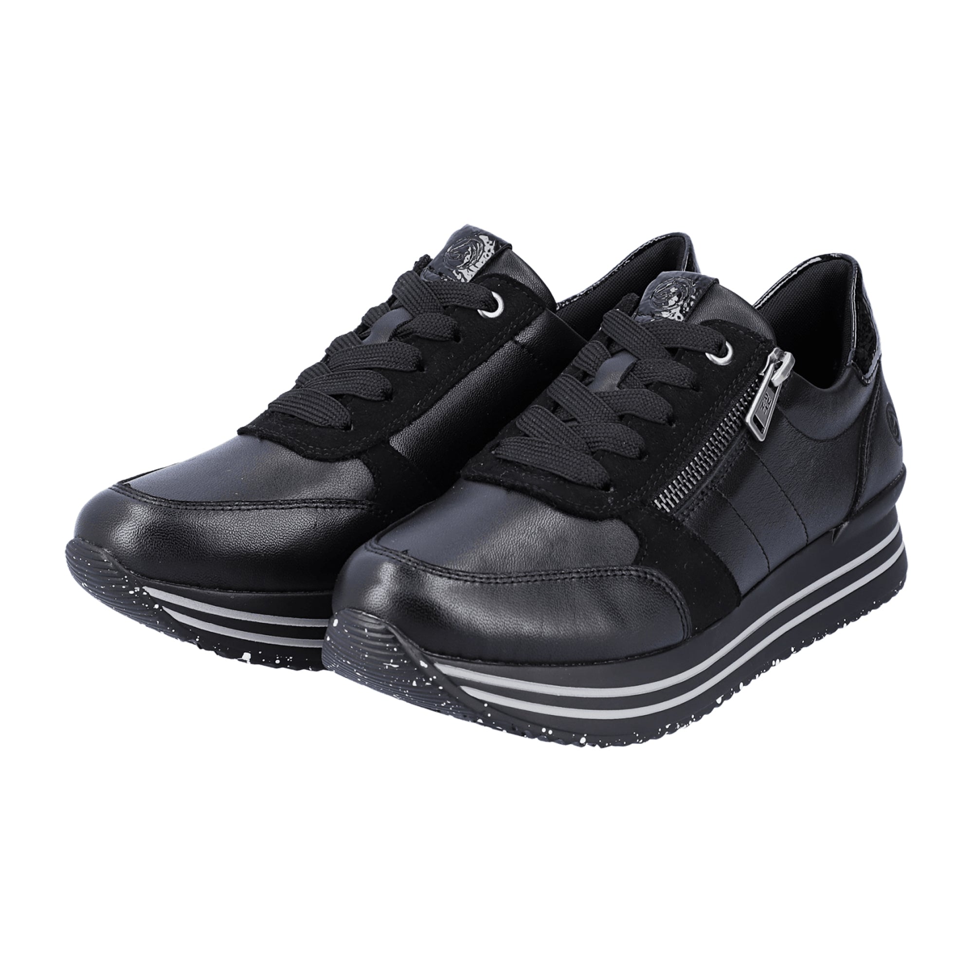 Remonte Women's Black Leather Sneakers with Zip and Lace-Up Closure