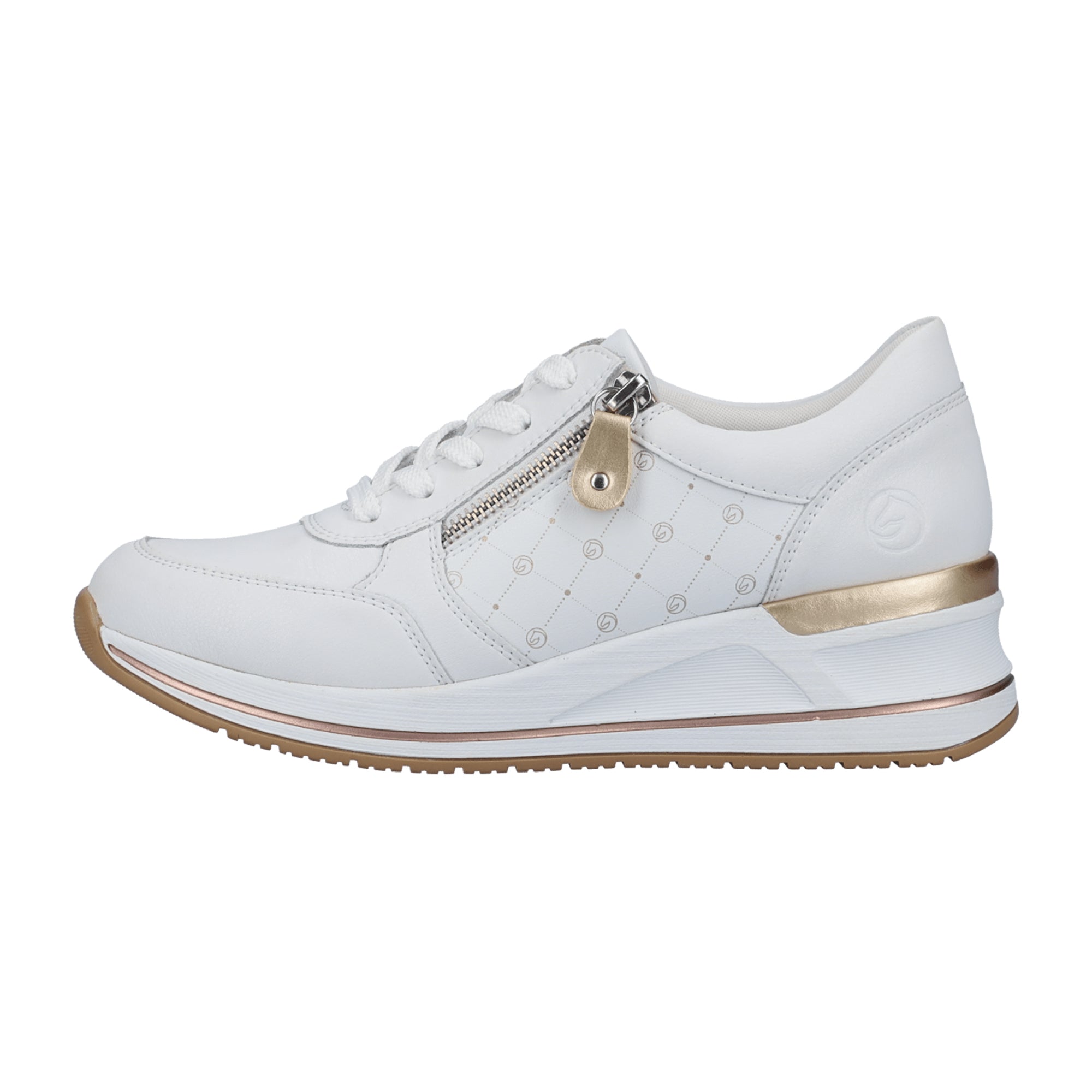 Remonte Women's White Leather Sneakers with Lace and Zip Closure