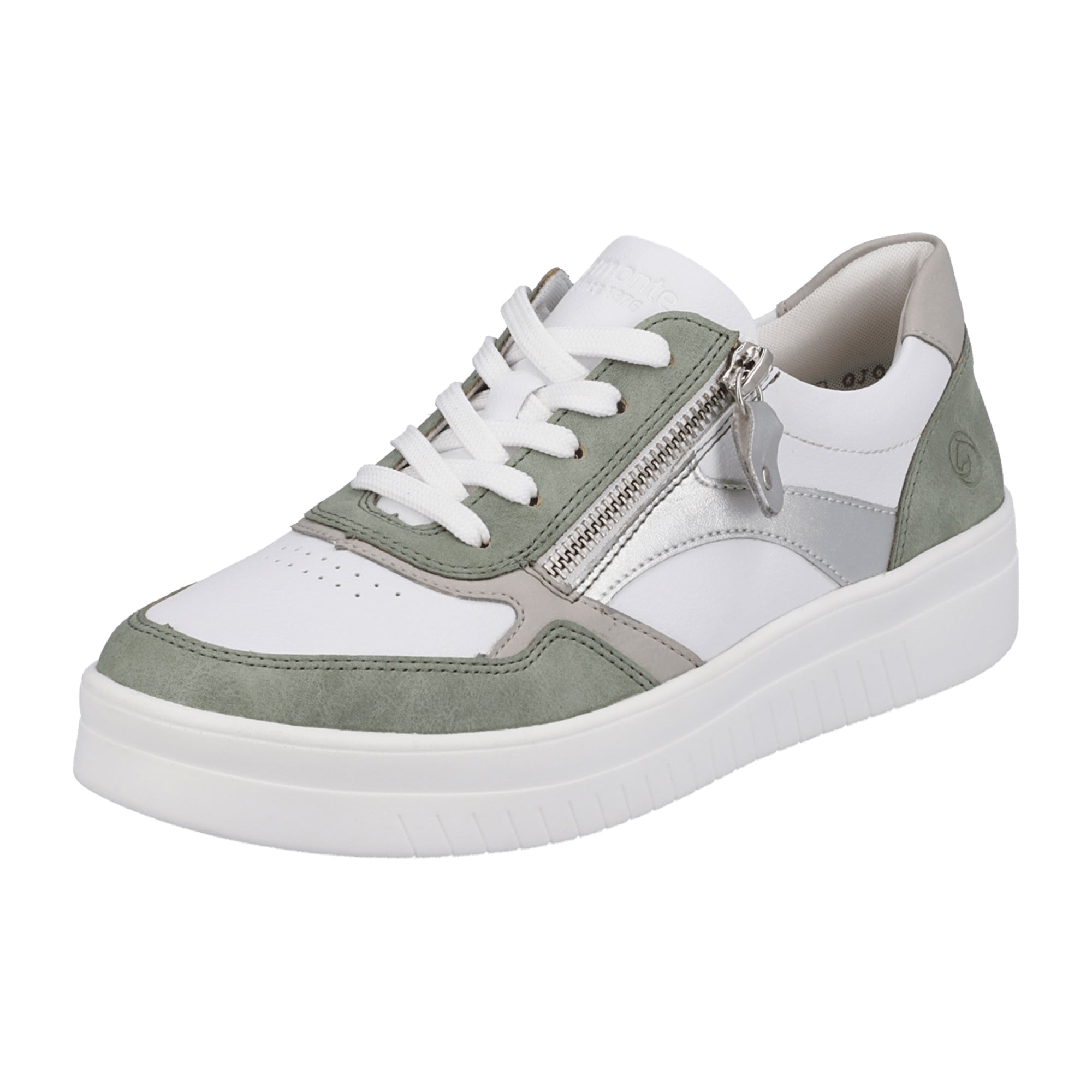 Remonte Women's White Leather Sneakers with Green Accents and Zipper Closure