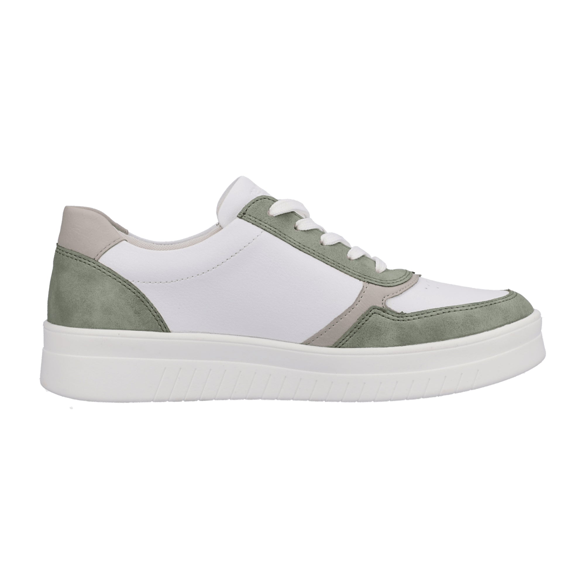 Remonte Women's White Leather Sneakers with Green Accents and Zipper Closure