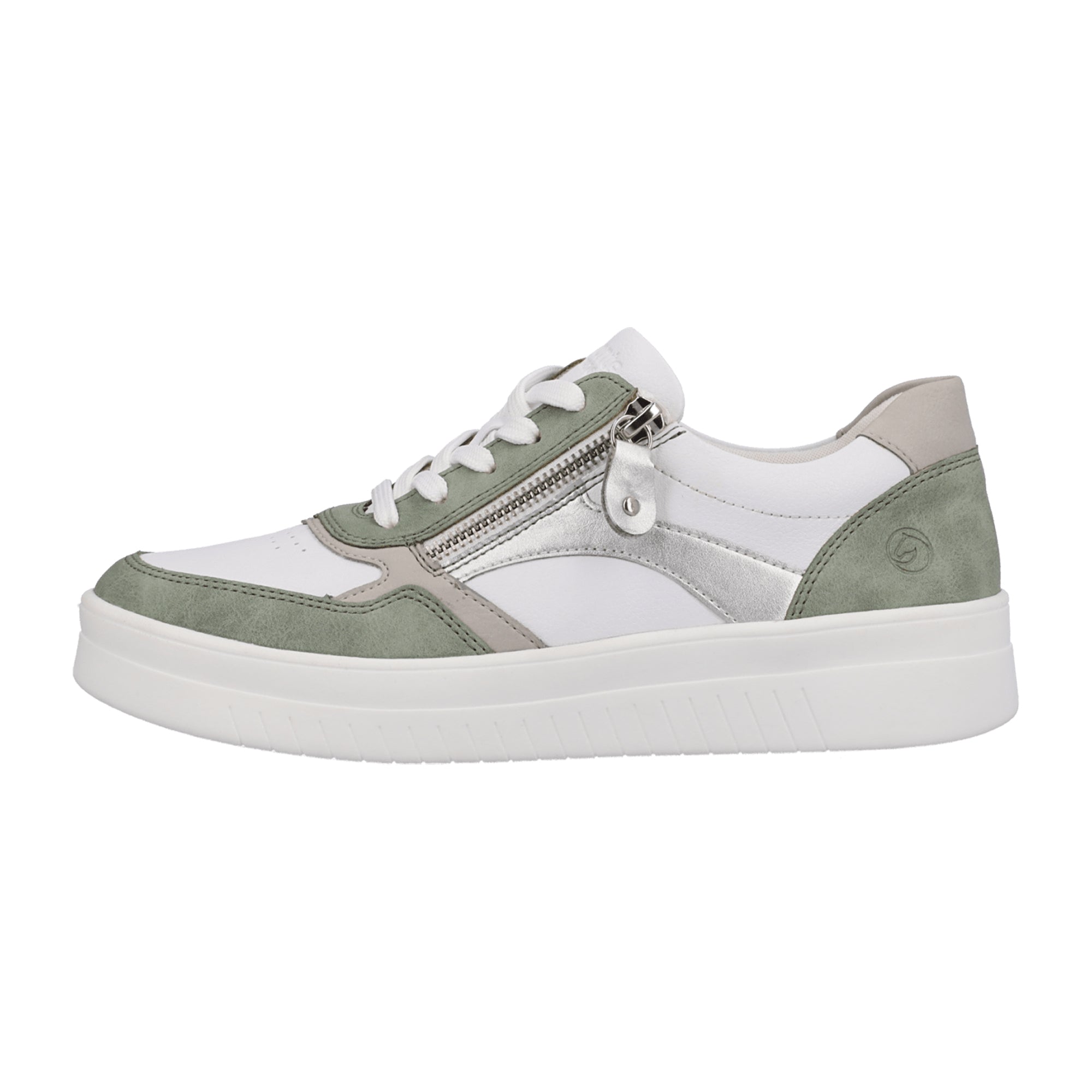 Remonte Women's White Leather Sneakers with Green Accents and Zipper Closure