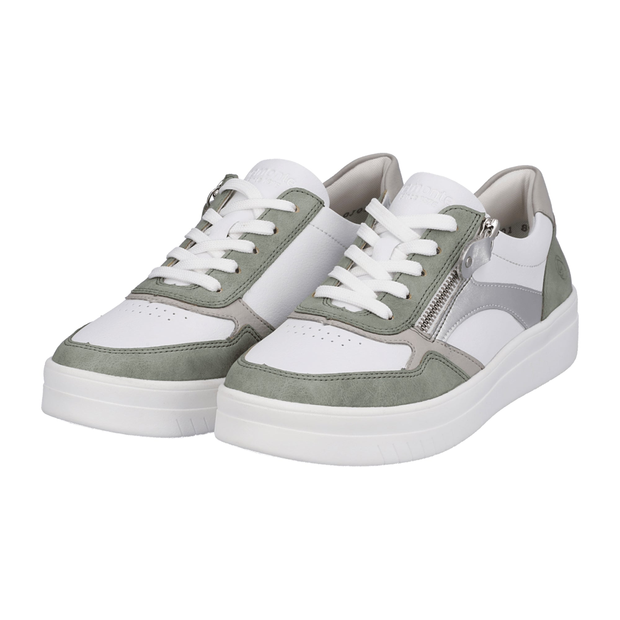 Remonte Women's White Leather Sneakers with Green Accents and Zipper Closure