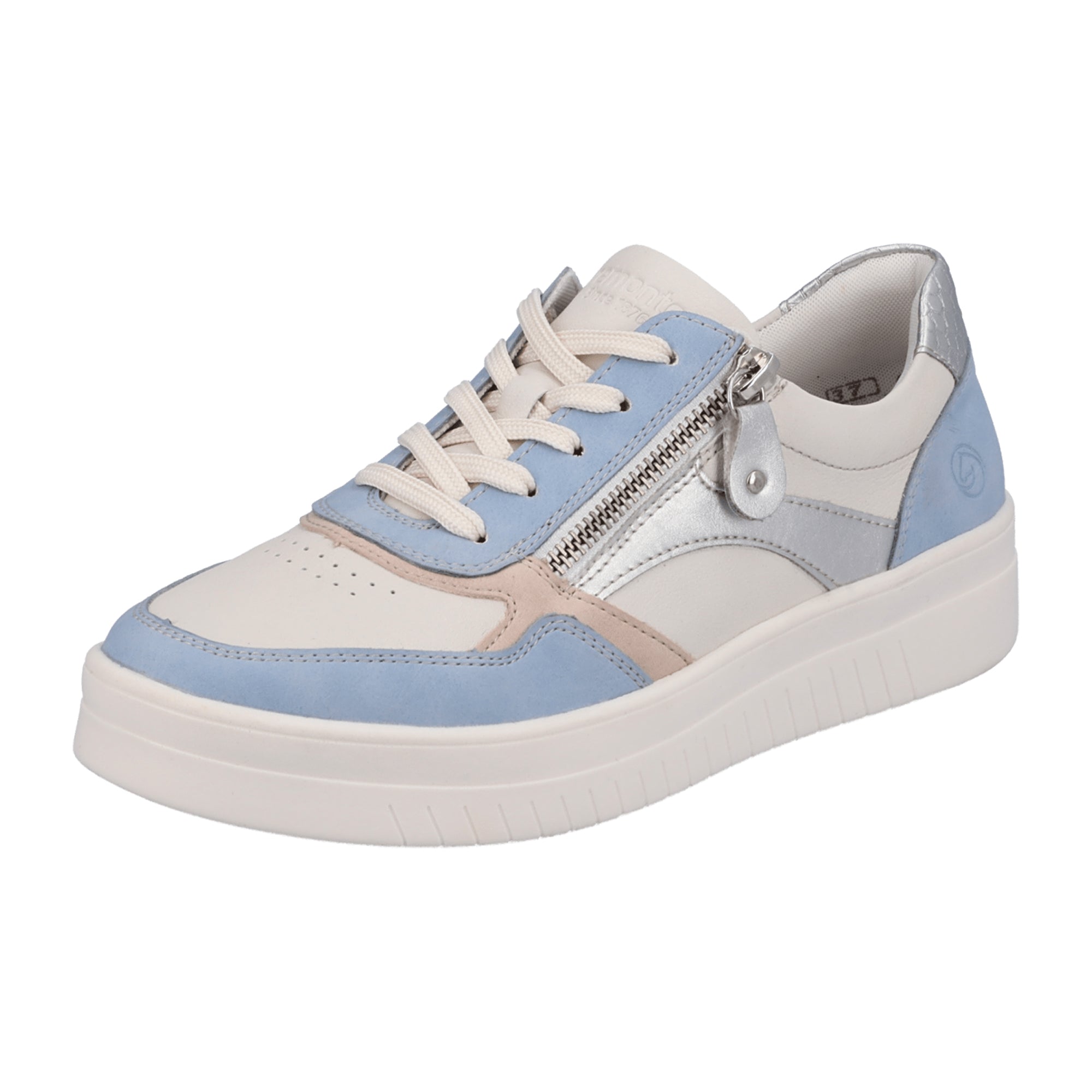 Remonte White Blue Leather Sneakers for Women with Zip and Laces