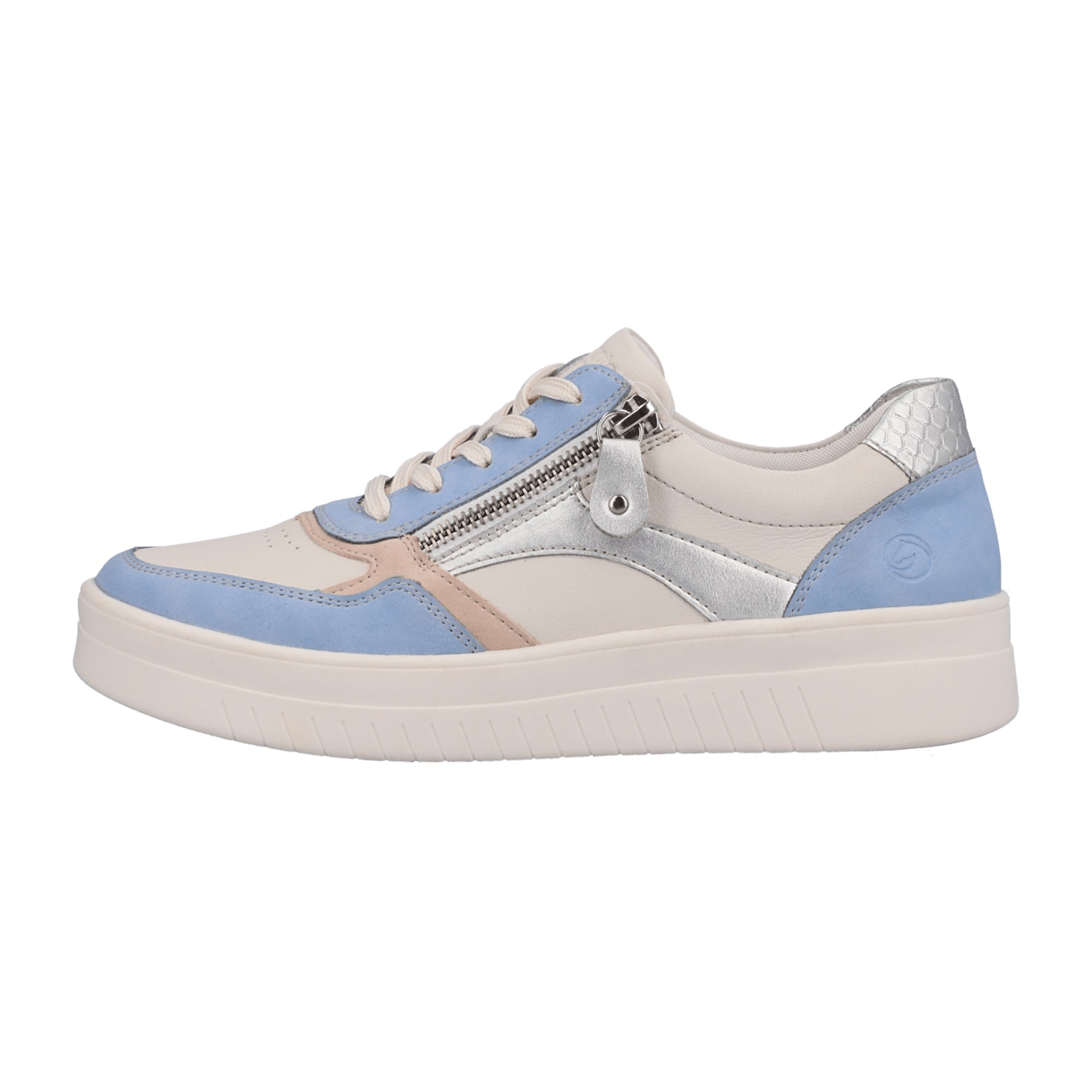 Remonte White Blue Leather Sneakers for Women with Zip and Laces
