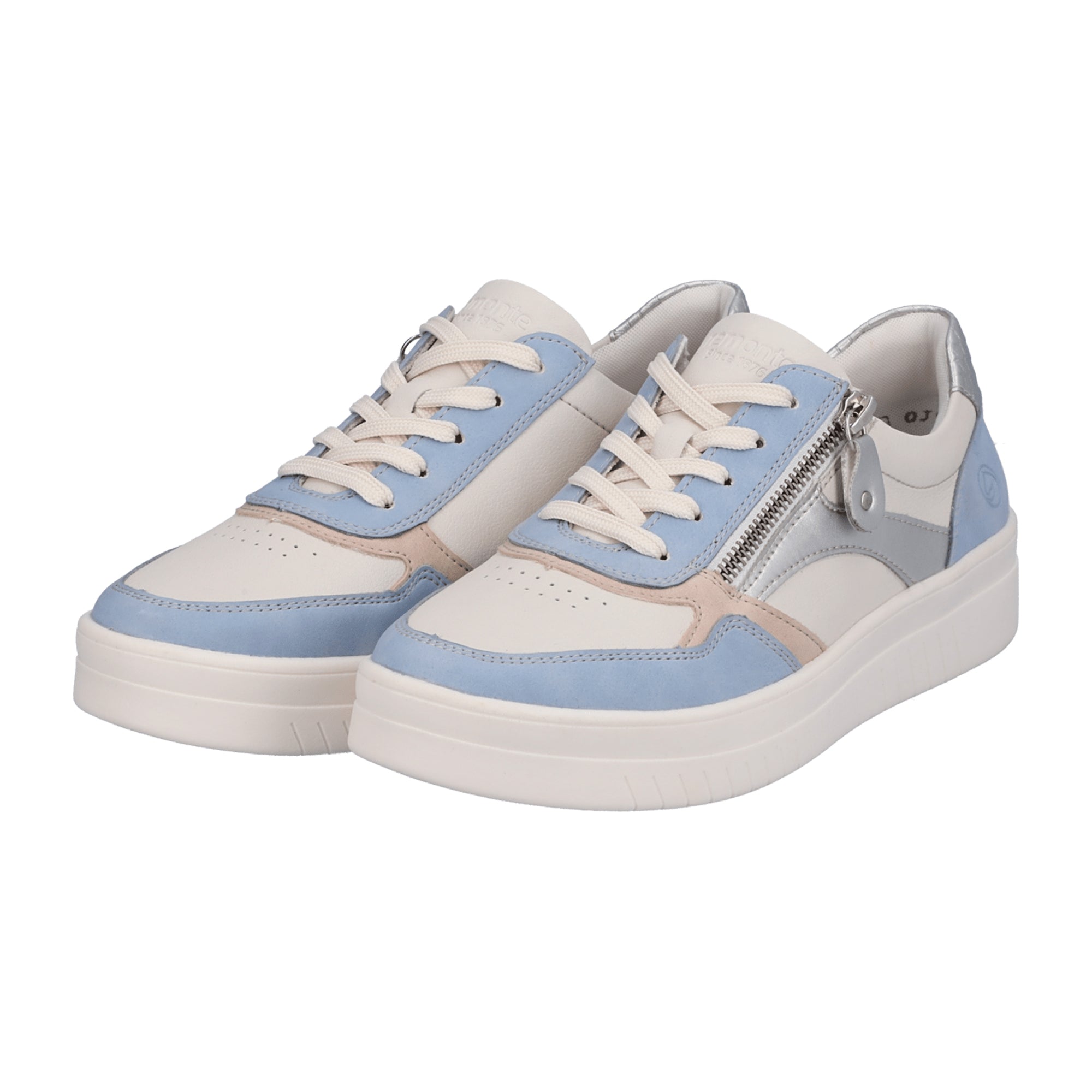 Remonte White Blue Leather Sneakers for Women with Zip and Laces