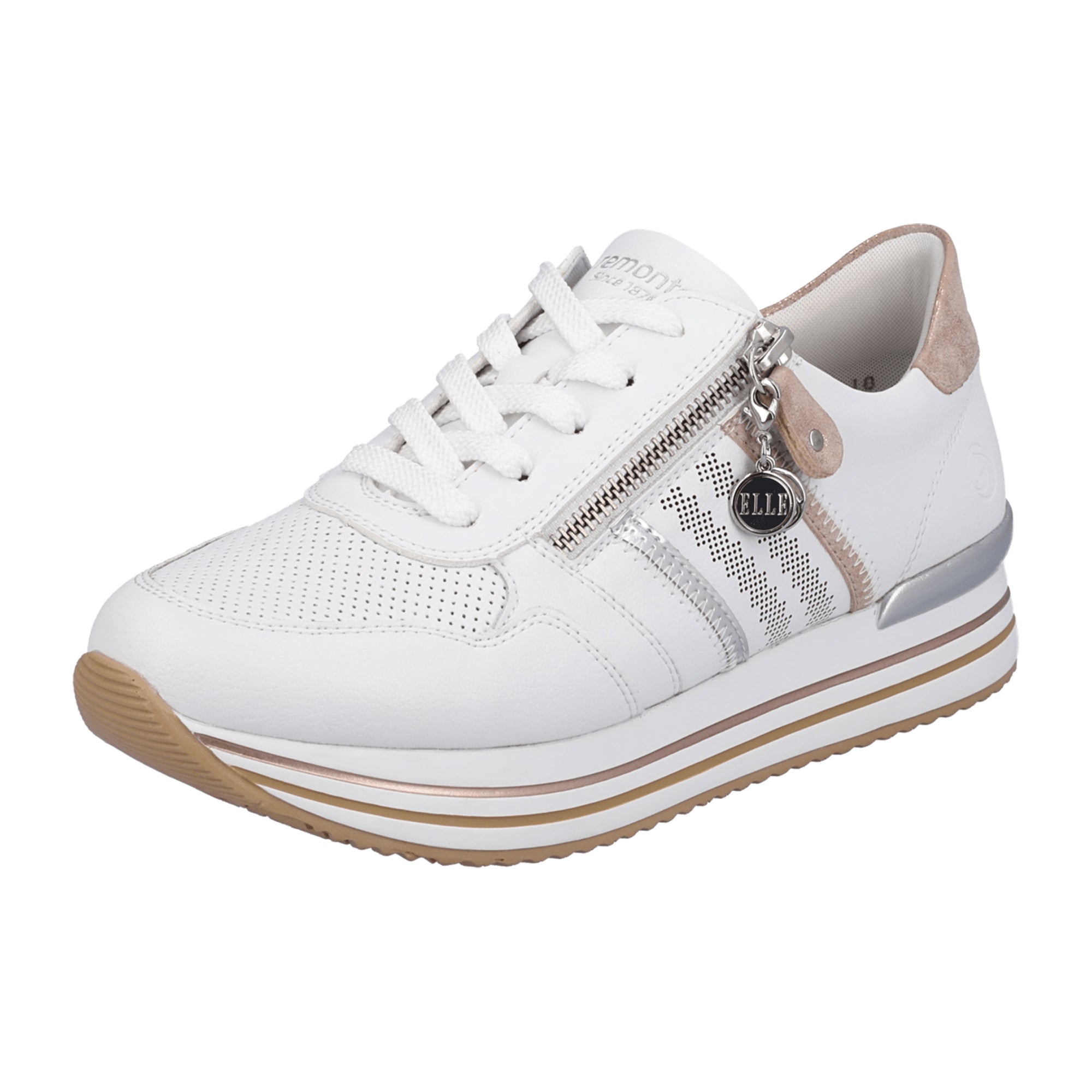 Remonte Women's White Leather Sneakers with Zip and Lace Closure