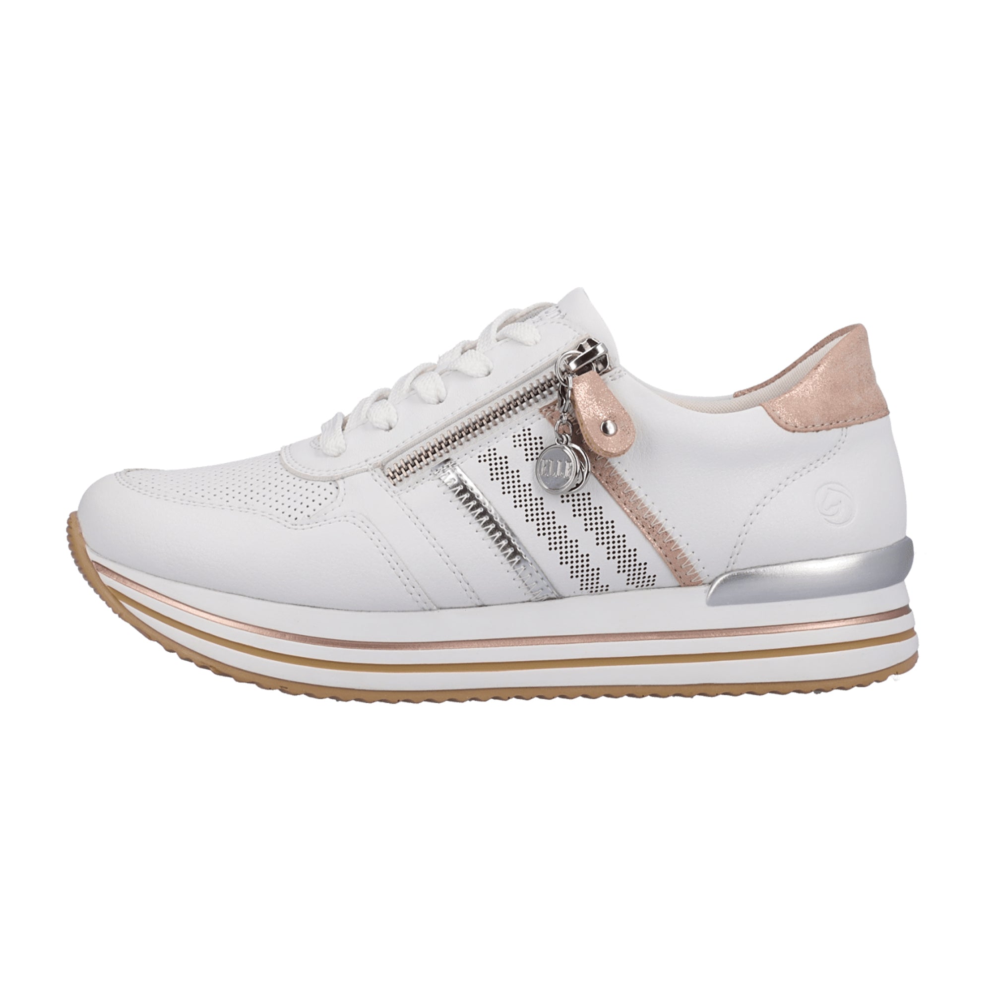 Remonte Women's White Leather Sneakers with Zip and Lace Closure