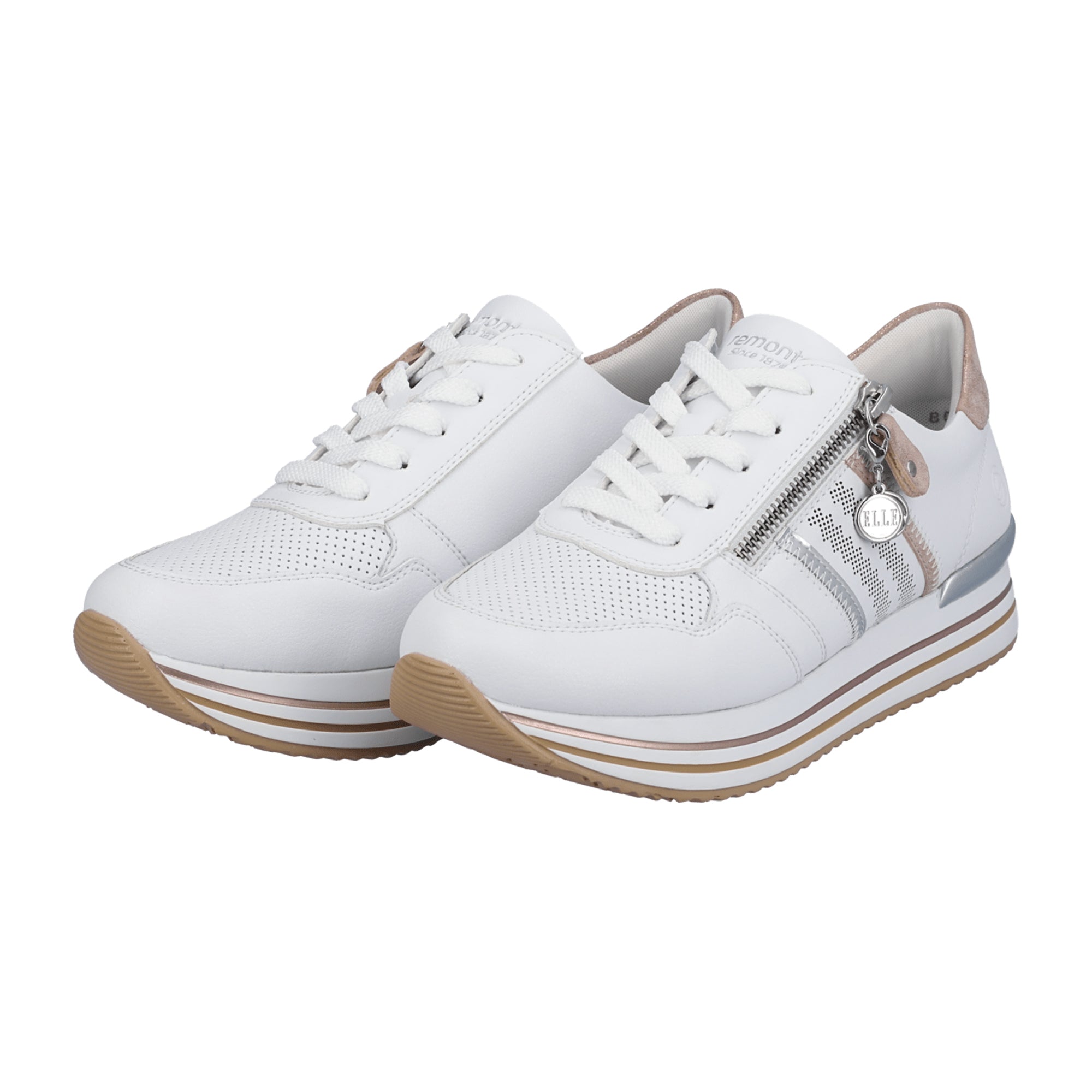 Remonte Women's White Leather Sneakers with Zip and Lace Closure