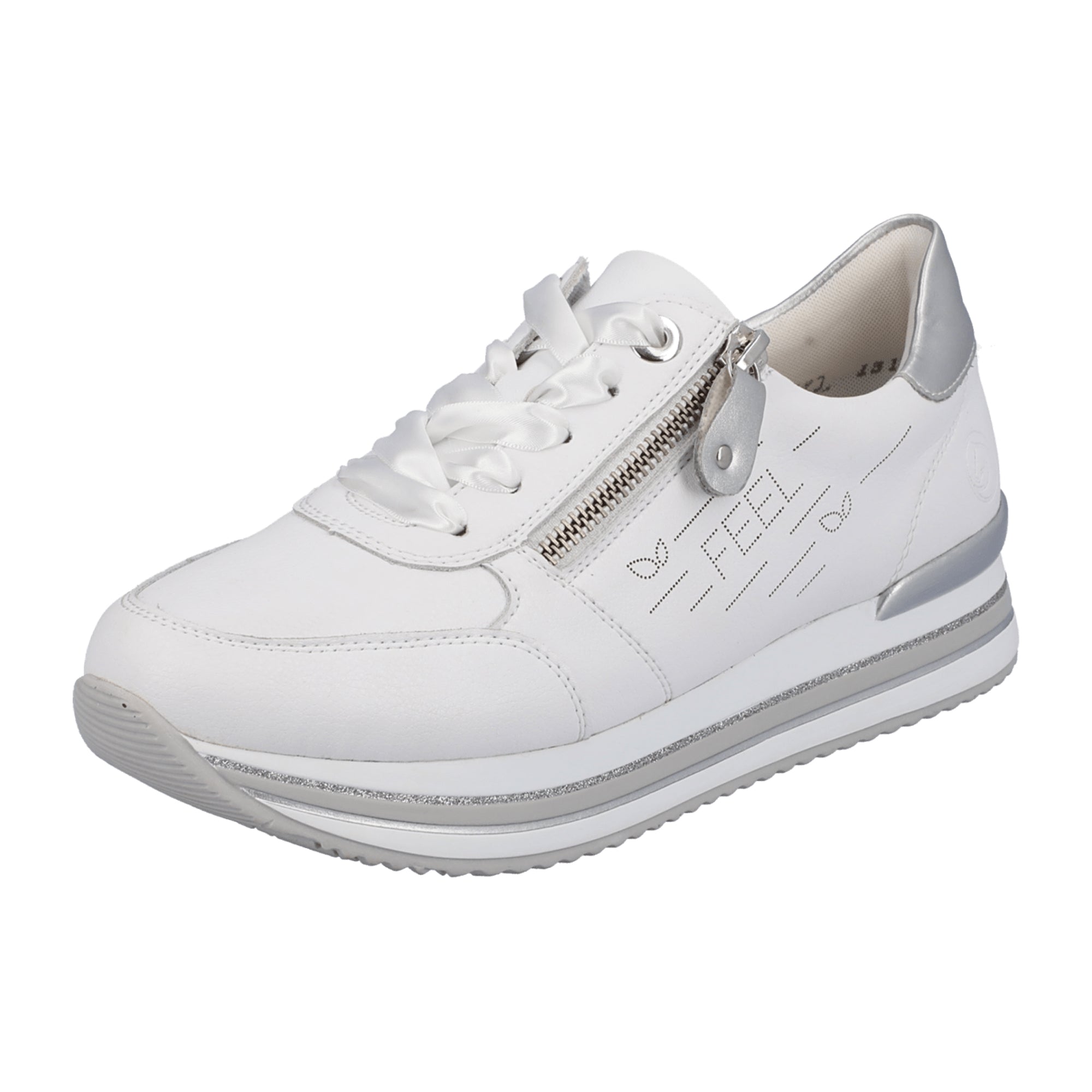 Remonte White Leather Sneakers for Women with Zipper and Lace-Up Closure