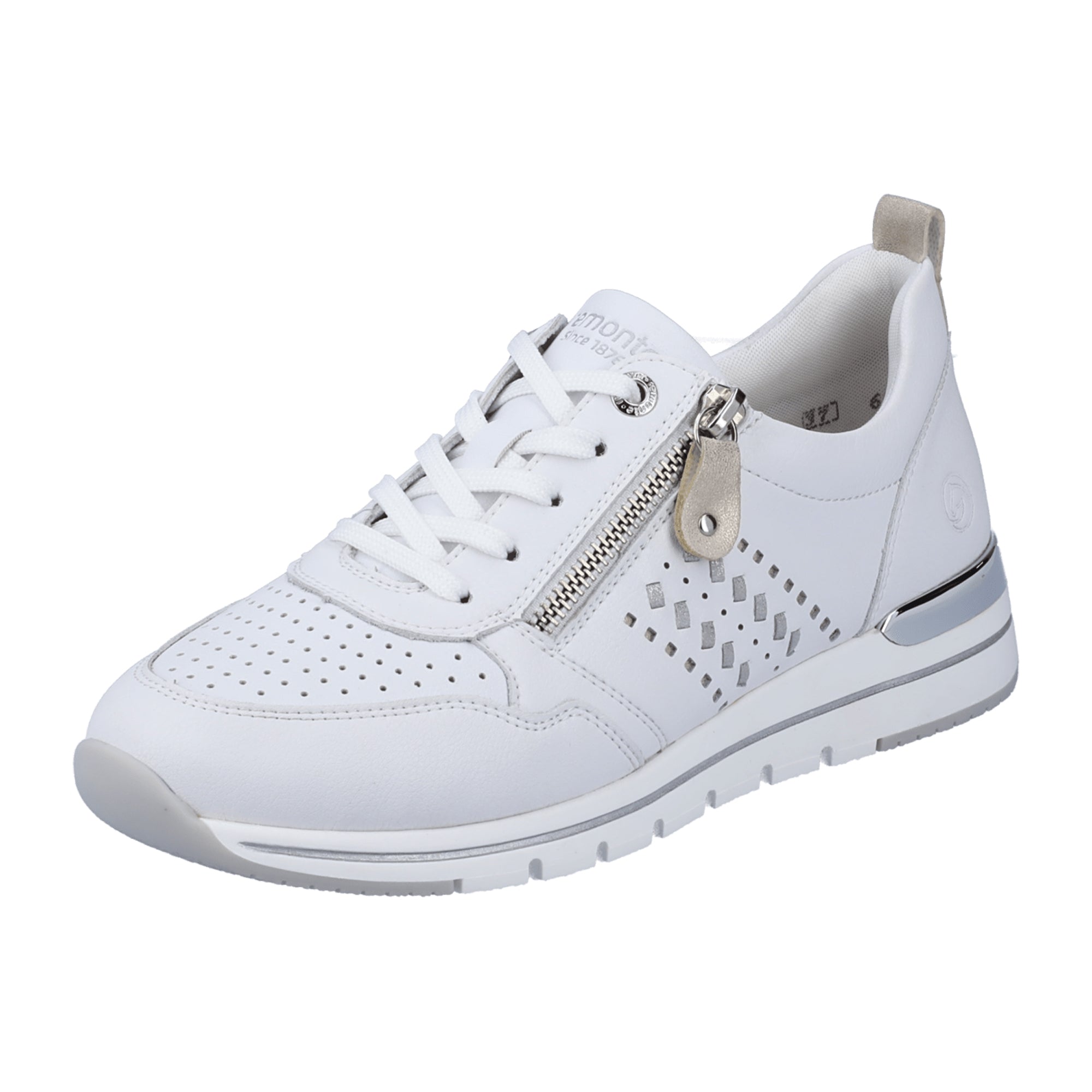 Remonte White Leather Women's Sneakers with Zipper and Lace-Up Closure