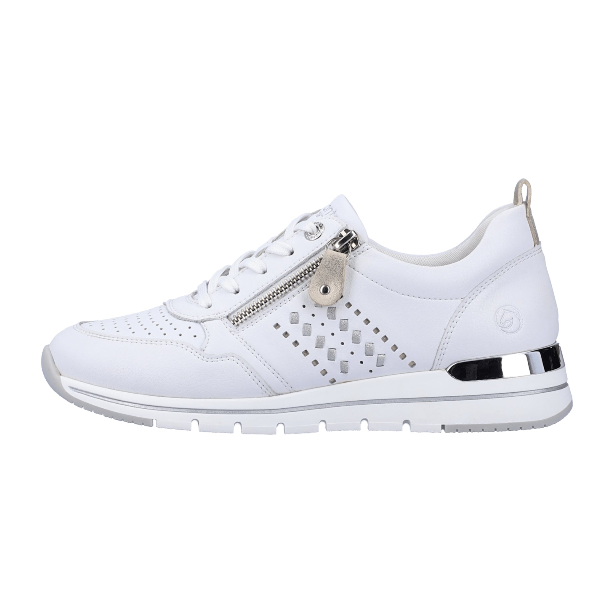 Remonte White Leather Women's Sneakers with Zipper and Lace-Up Closure