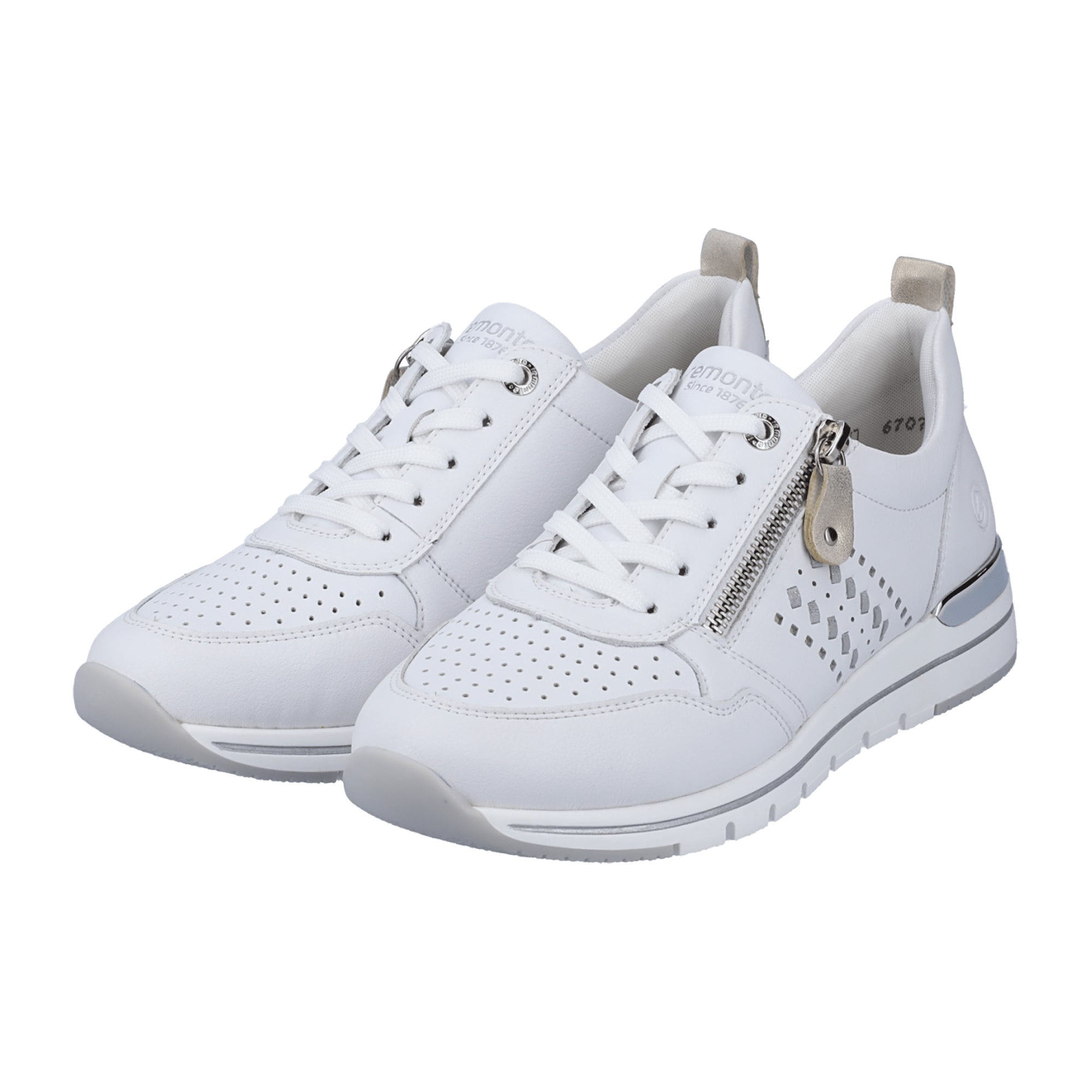 Remonte White Leather Women's Sneakers with Zipper and Lace-Up Closure