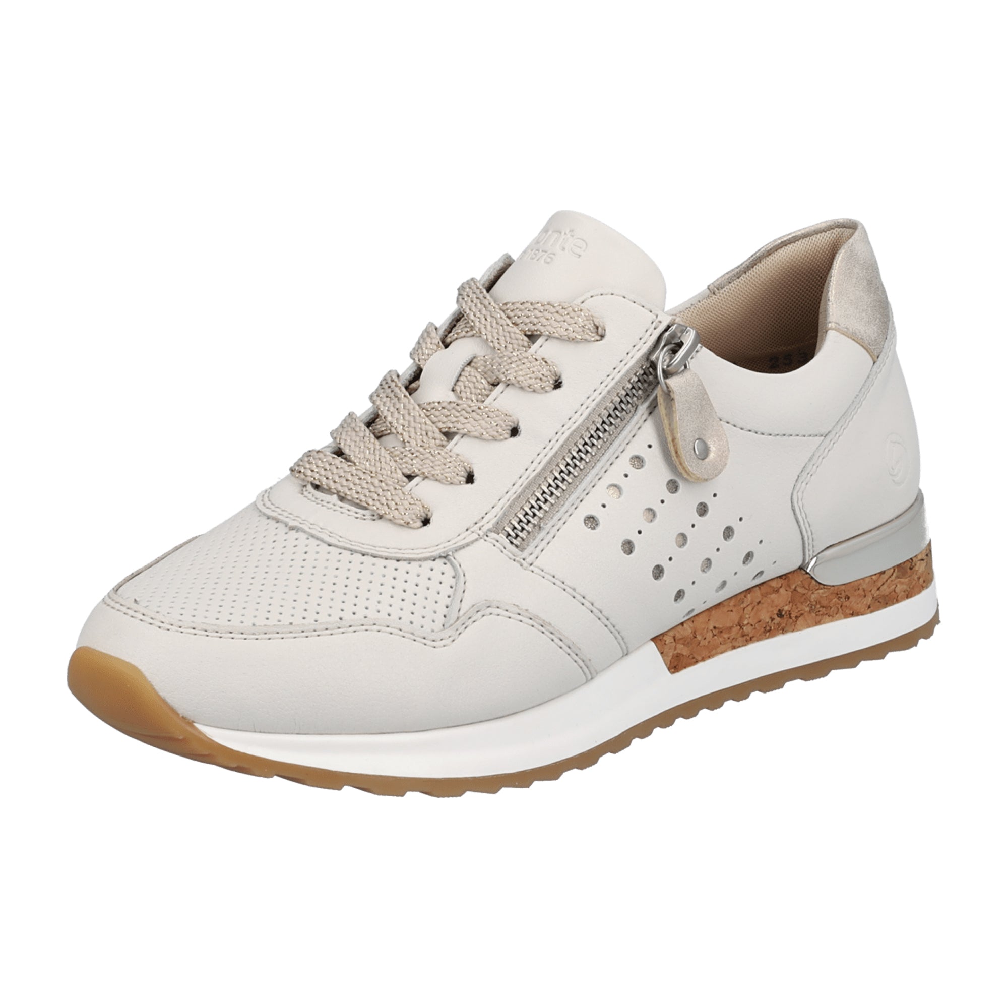 Remonte White Leather Women's Sneakers with Laces and Zipper