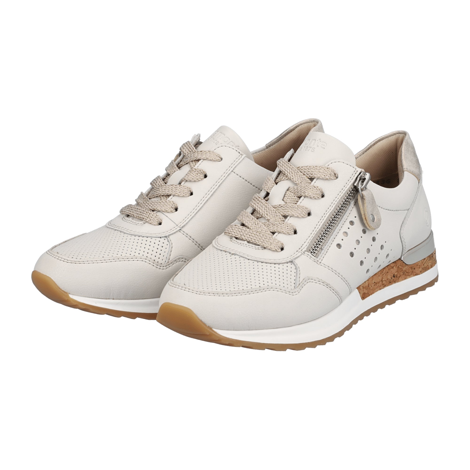 Remonte White Leather Women's Sneakers with Laces and Zipper