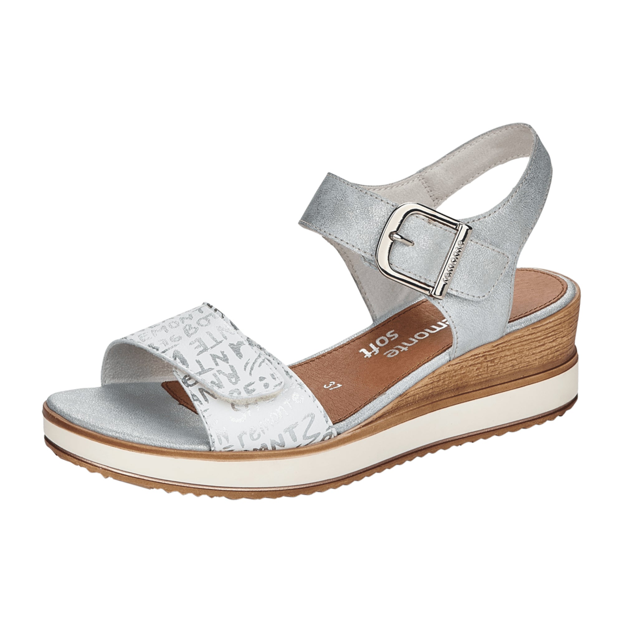 Remonte Women's Wedge Sandals Silver Leather Comfortable Adjustable Straps