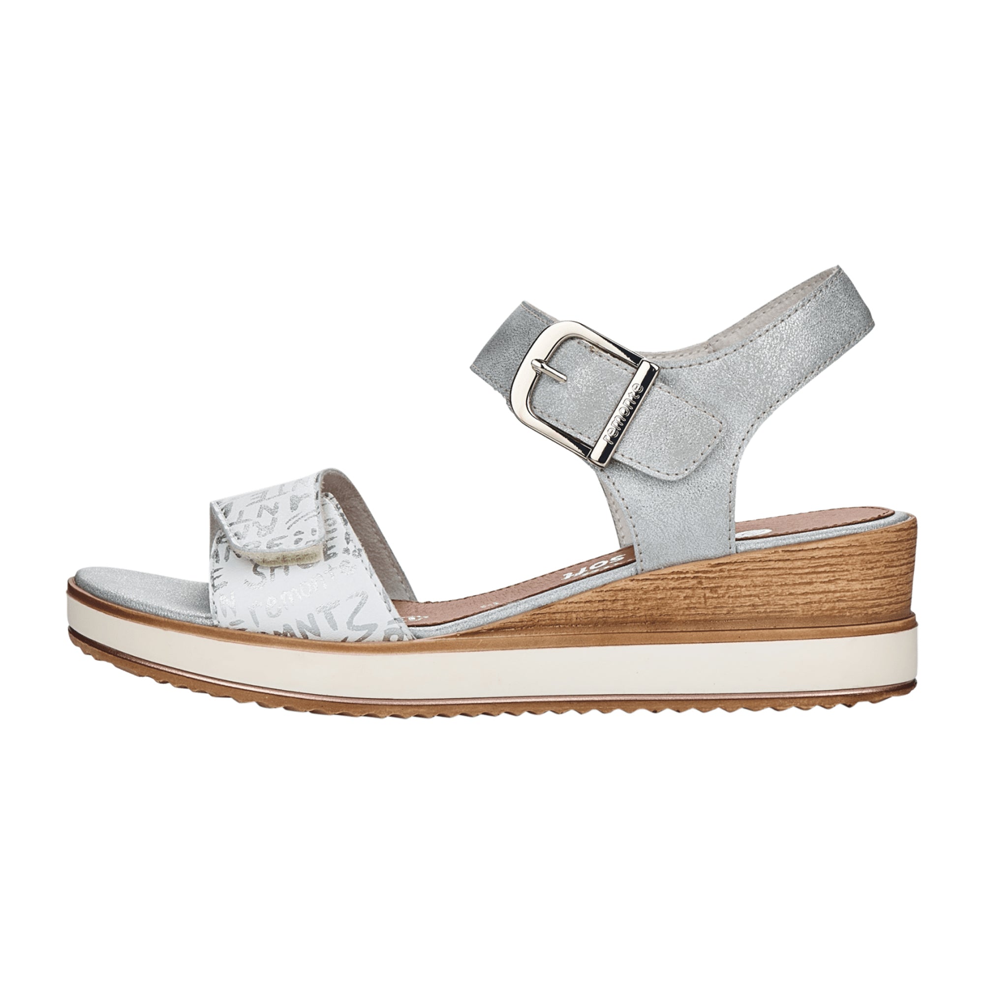 Remonte Women's Wedge Sandals Silver Leather Comfortable Adjustable Straps