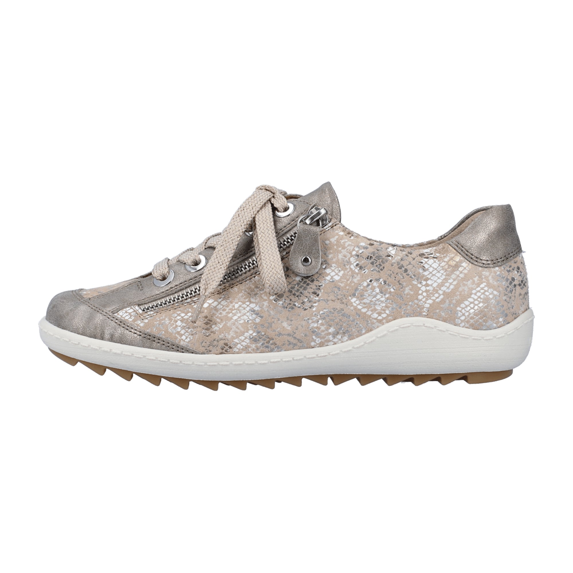 Remonte R9 Women's Silver Leather Sneakers with Zip and Lace Closure