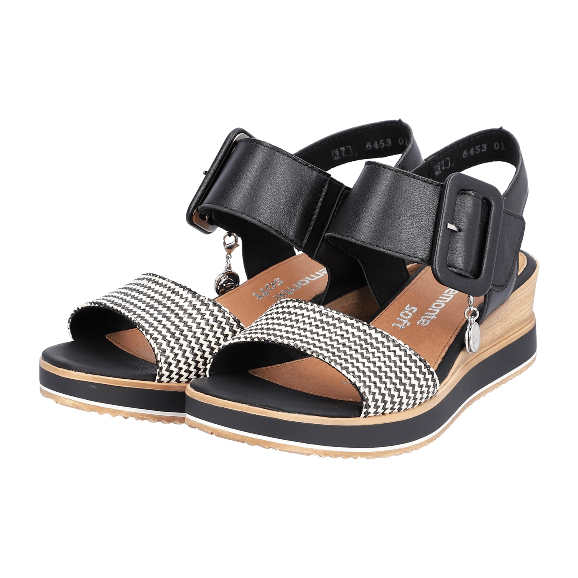 Remonte Black Leather Wedge Sandals for Women with Adjustable Straps and Cushioned Sole