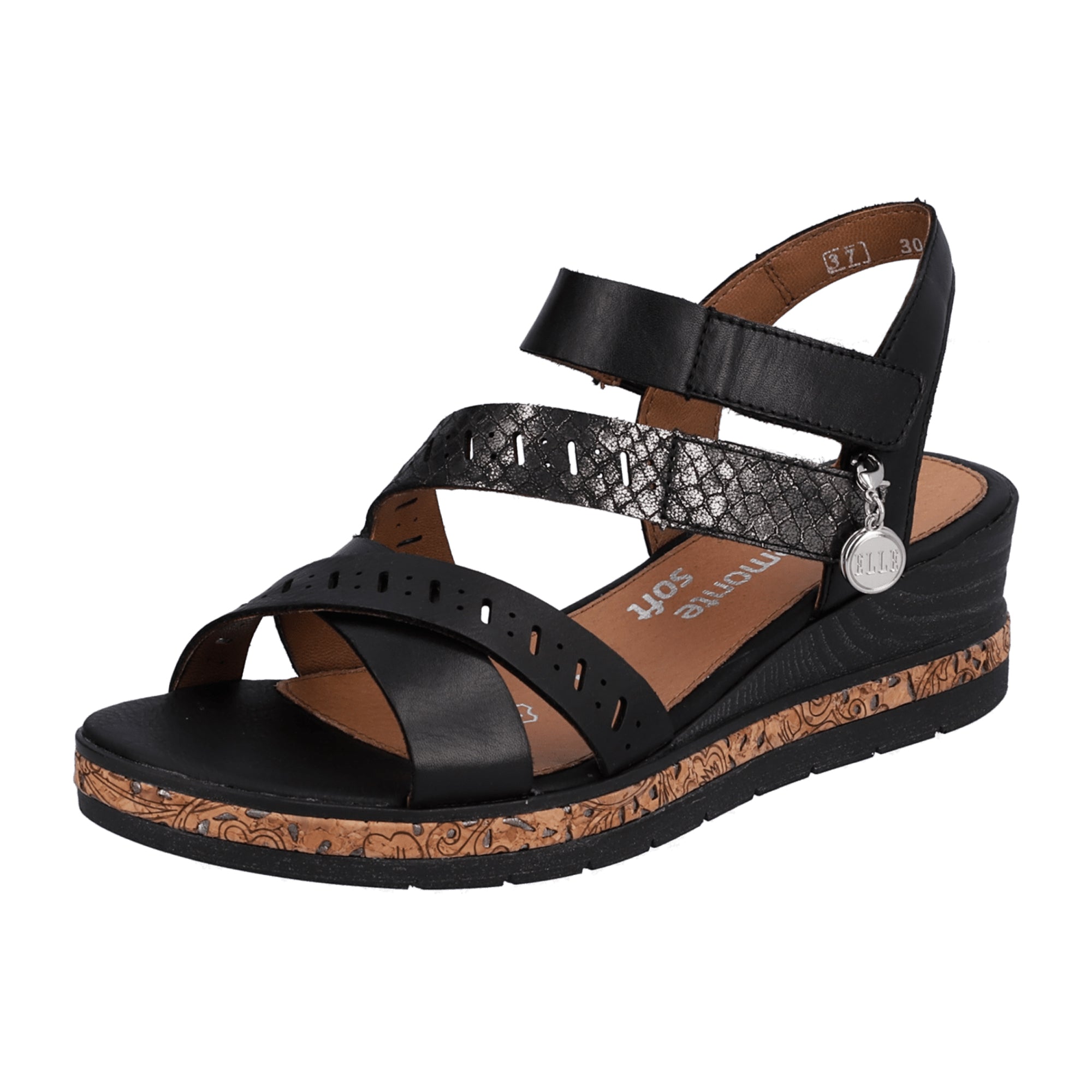 Remonte Women's Black Leather Wedge Sandals with Velcro Strap