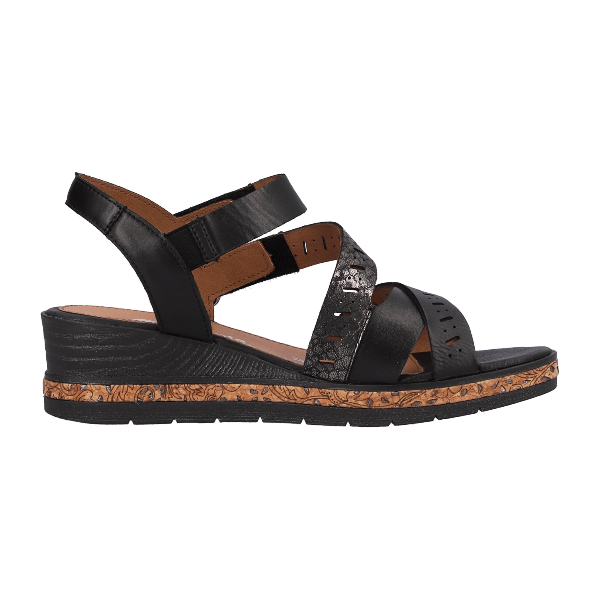 Remonte Women's Black Leather Wedge Sandals with Velcro Strap