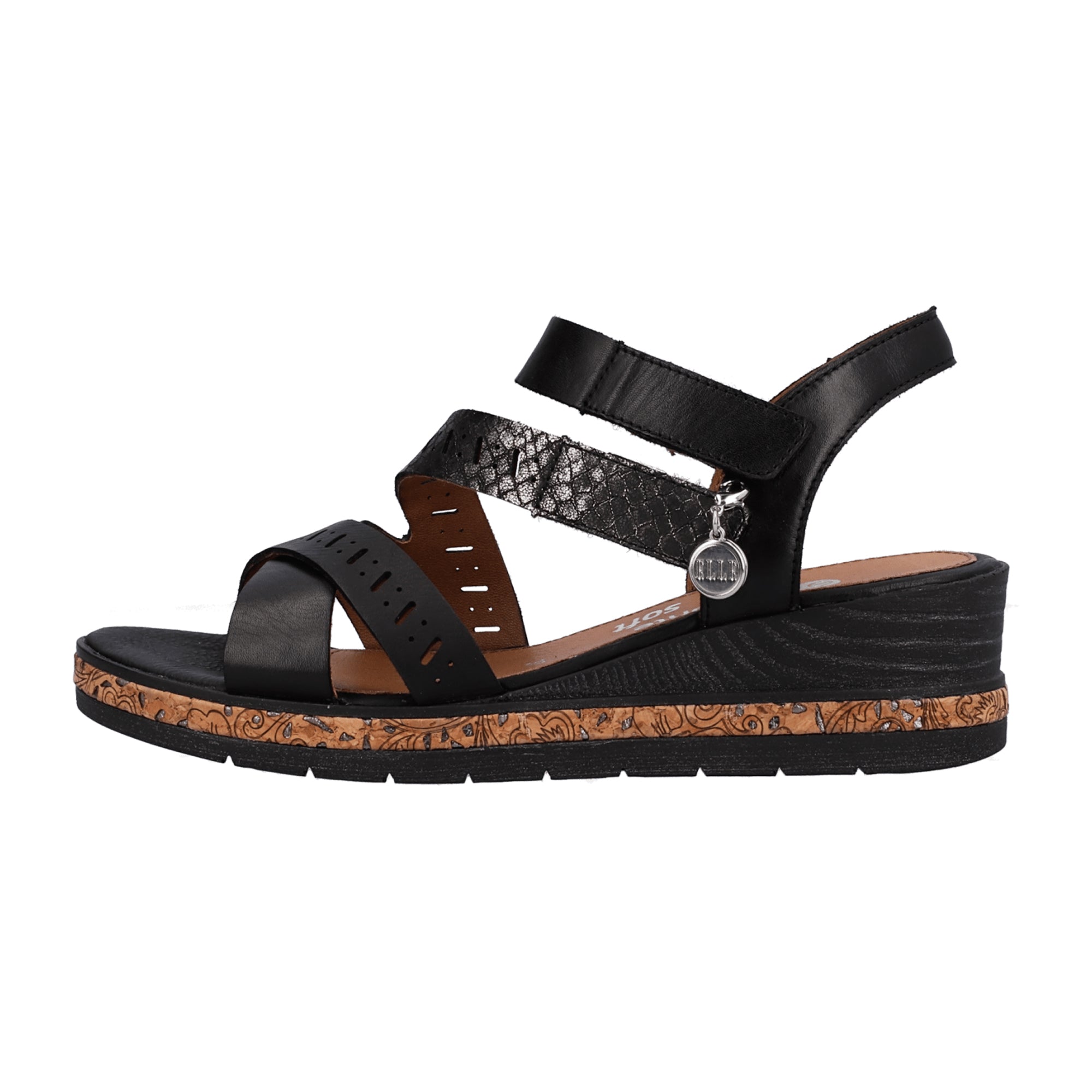 Remonte Women's Black Leather Wedge Sandals with Velcro Strap