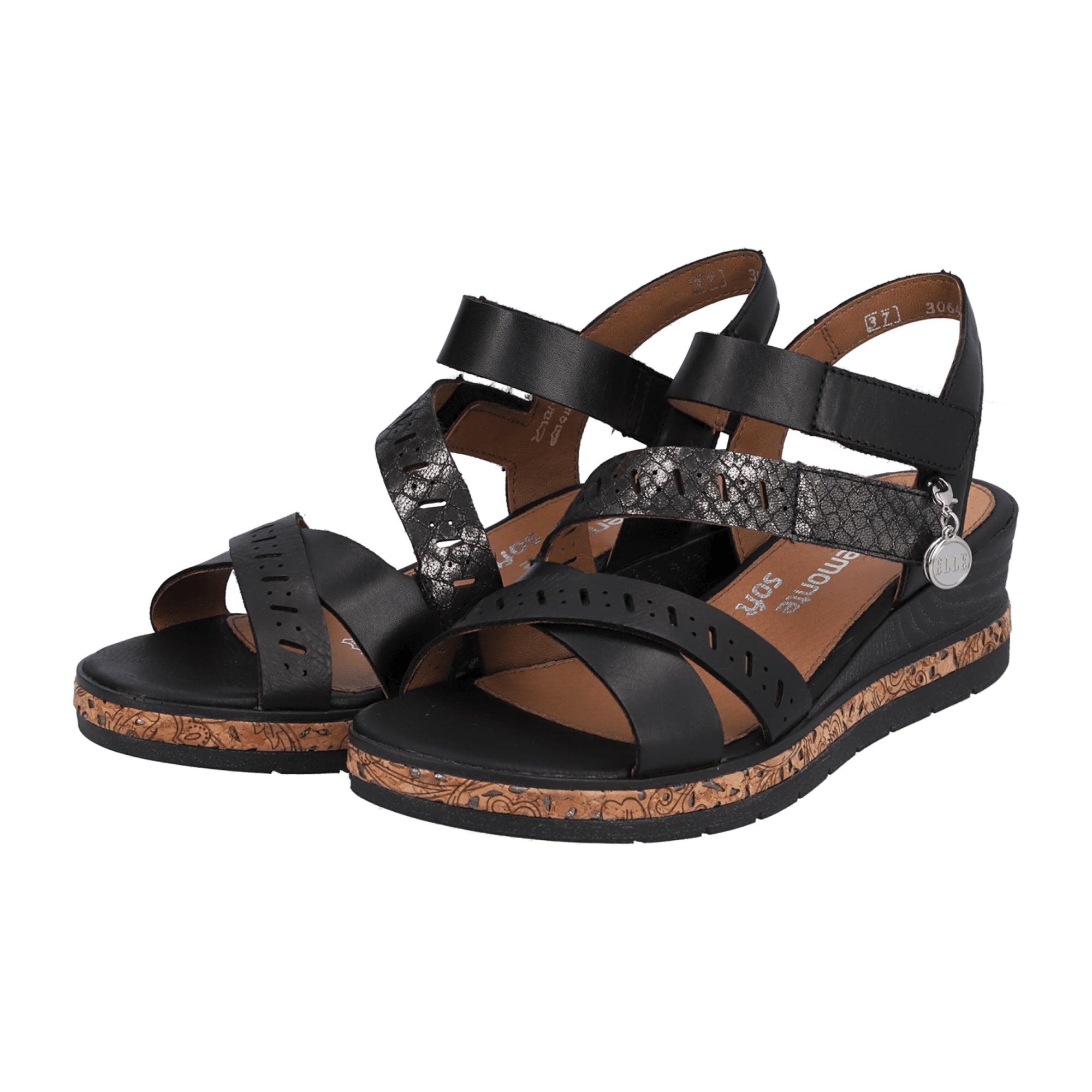 Remonte Women's Black Leather Wedge Sandals with Velcro Strap