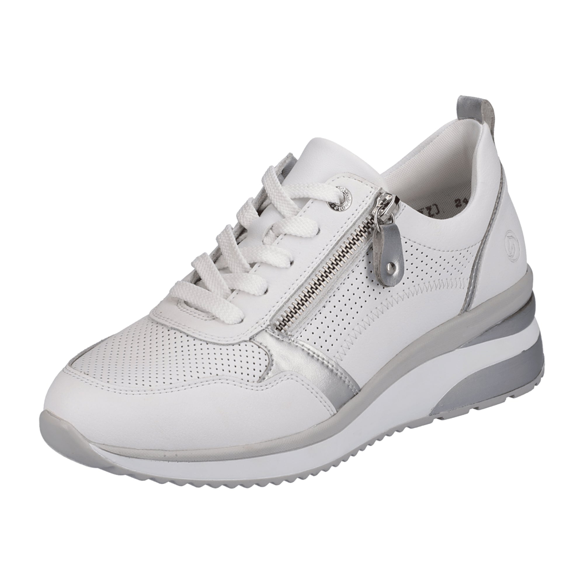 Remonte Women's White Leather Sneakers with Zip and Lace Closure, Comfortable Fit