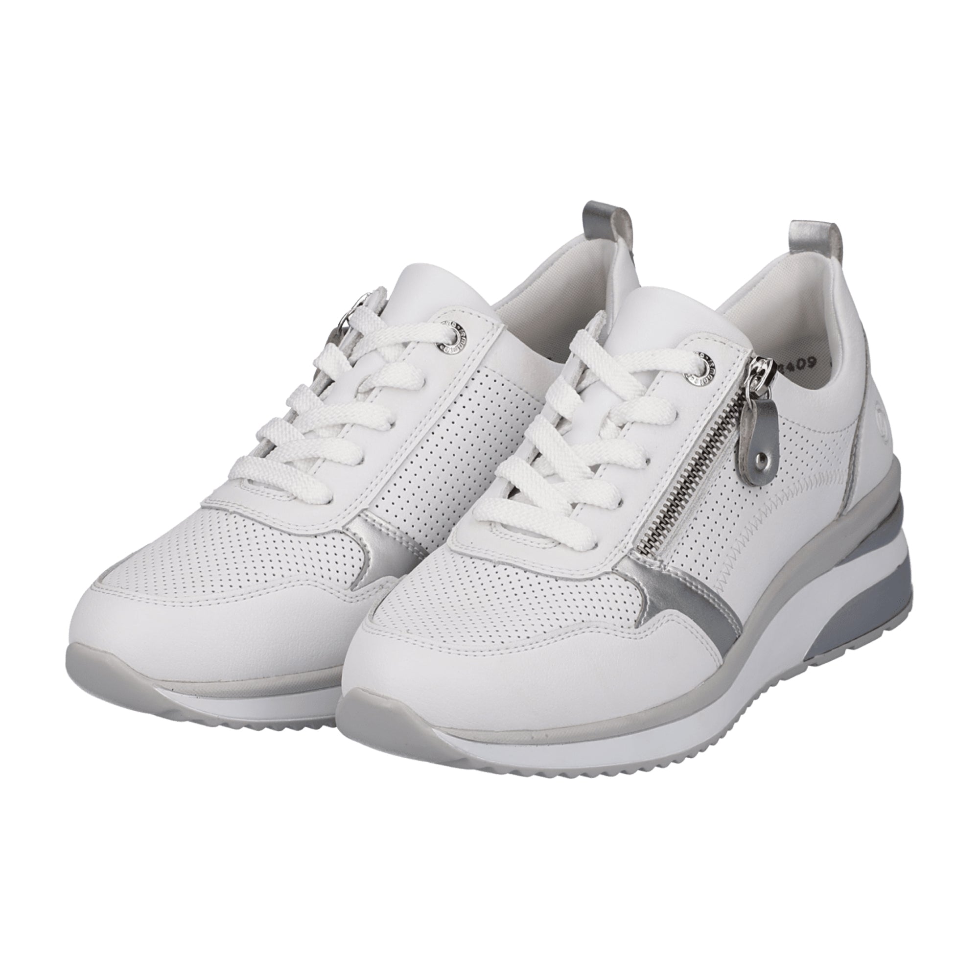 Remonte Women's White Leather Sneakers with Zip and Lace Closure, Comfortable Fit