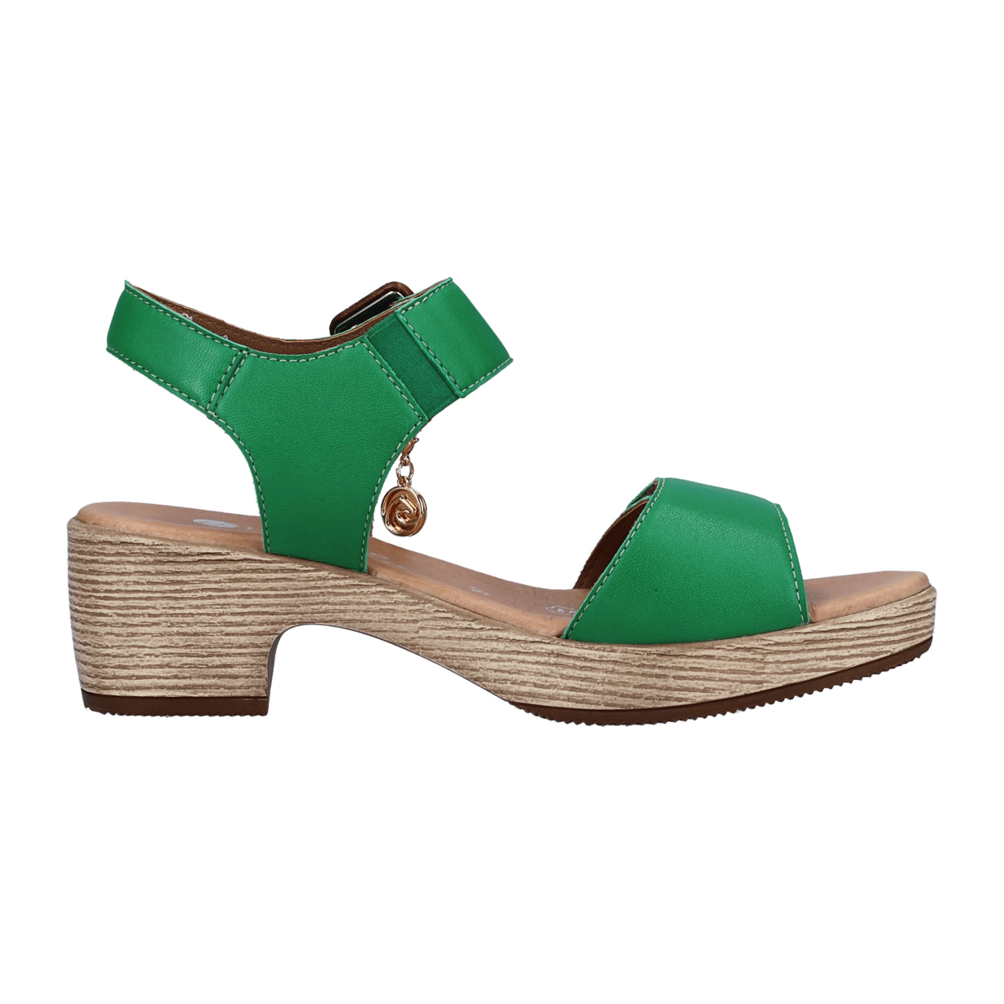 Remonte Women's Green Leather Strappy Sandals with Velcro Closure and Block Heel