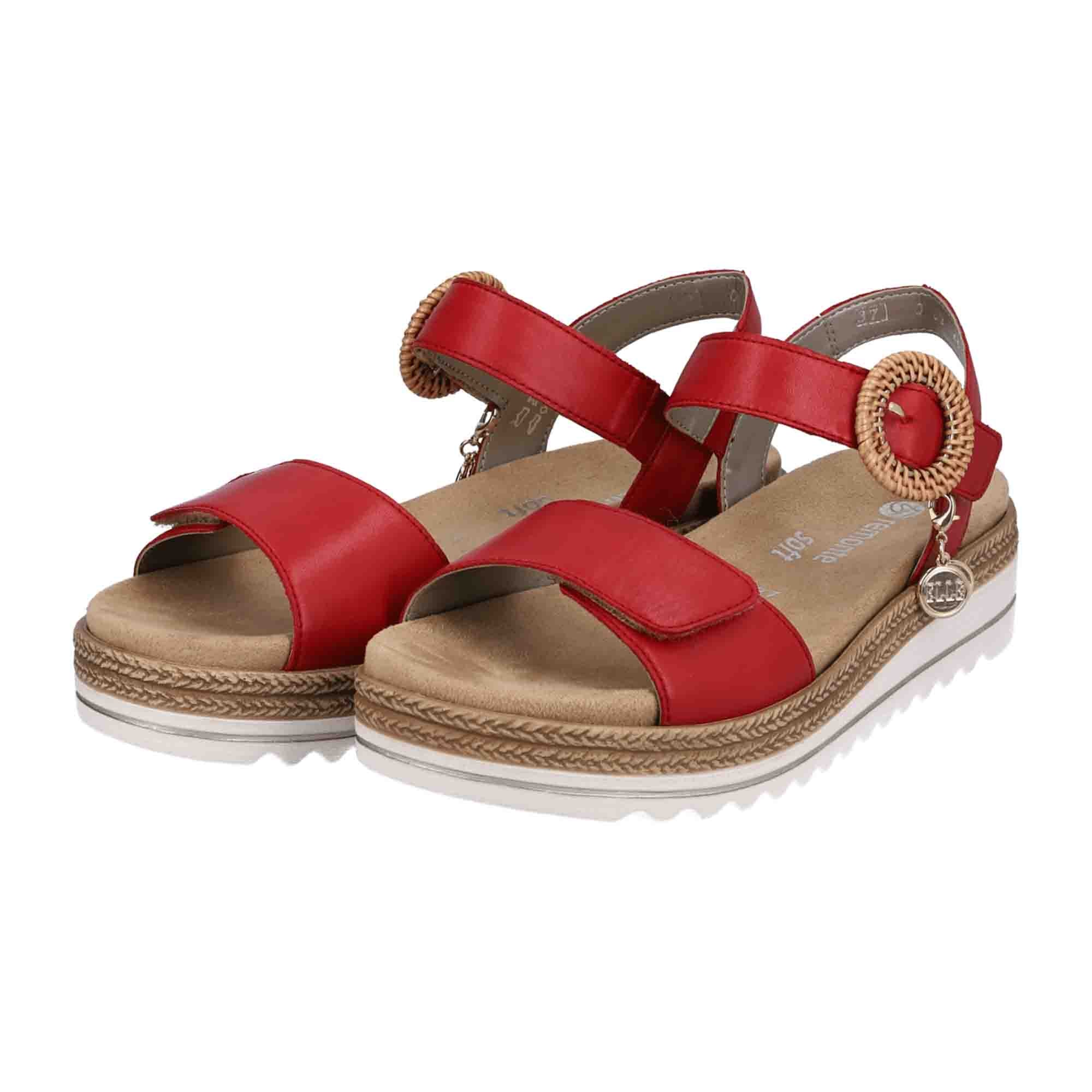 Remonte Red Leather Strappy Sandals for Women with Velcro Closure