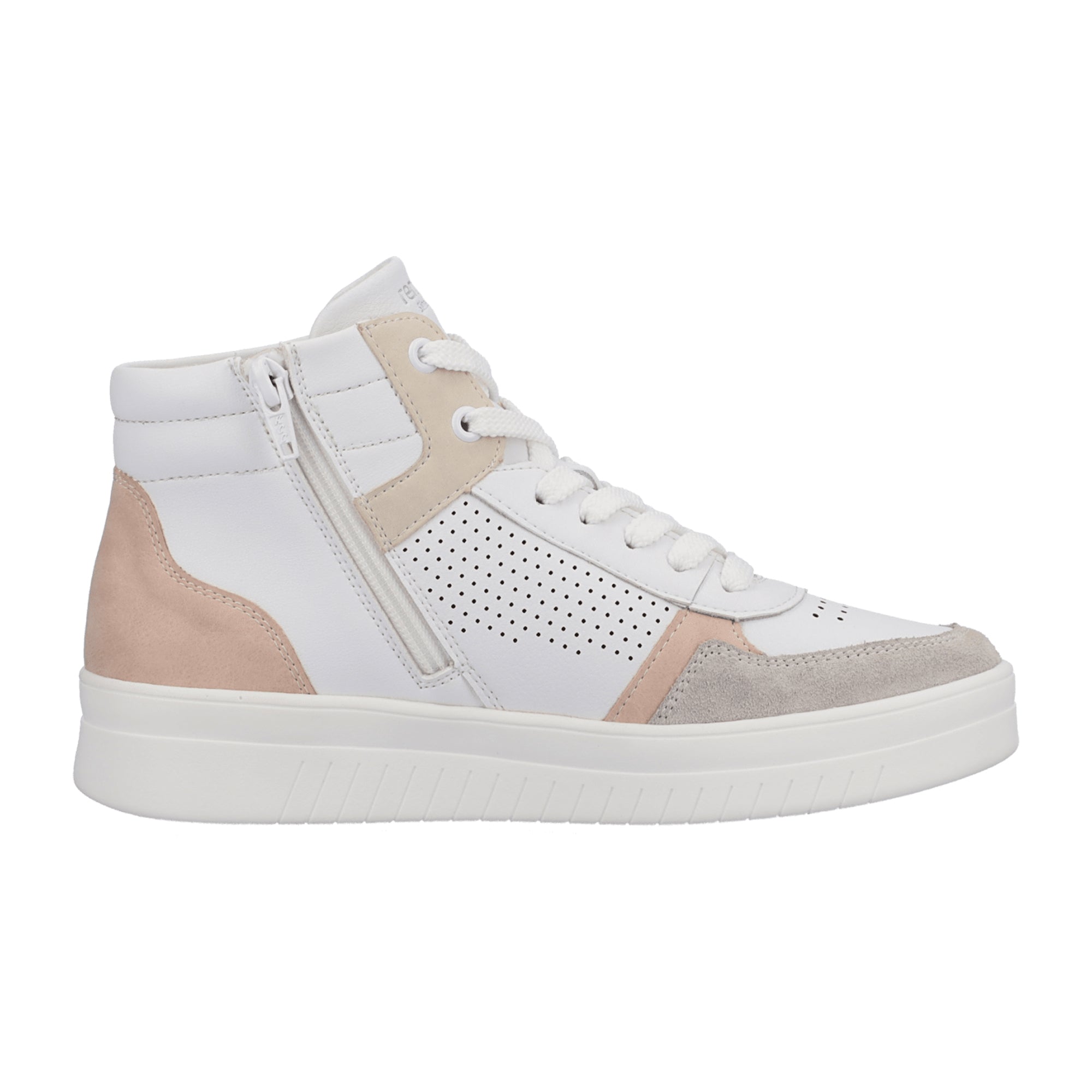 Remonte Women's White Leather Sneakers with Zip and Lace Closure