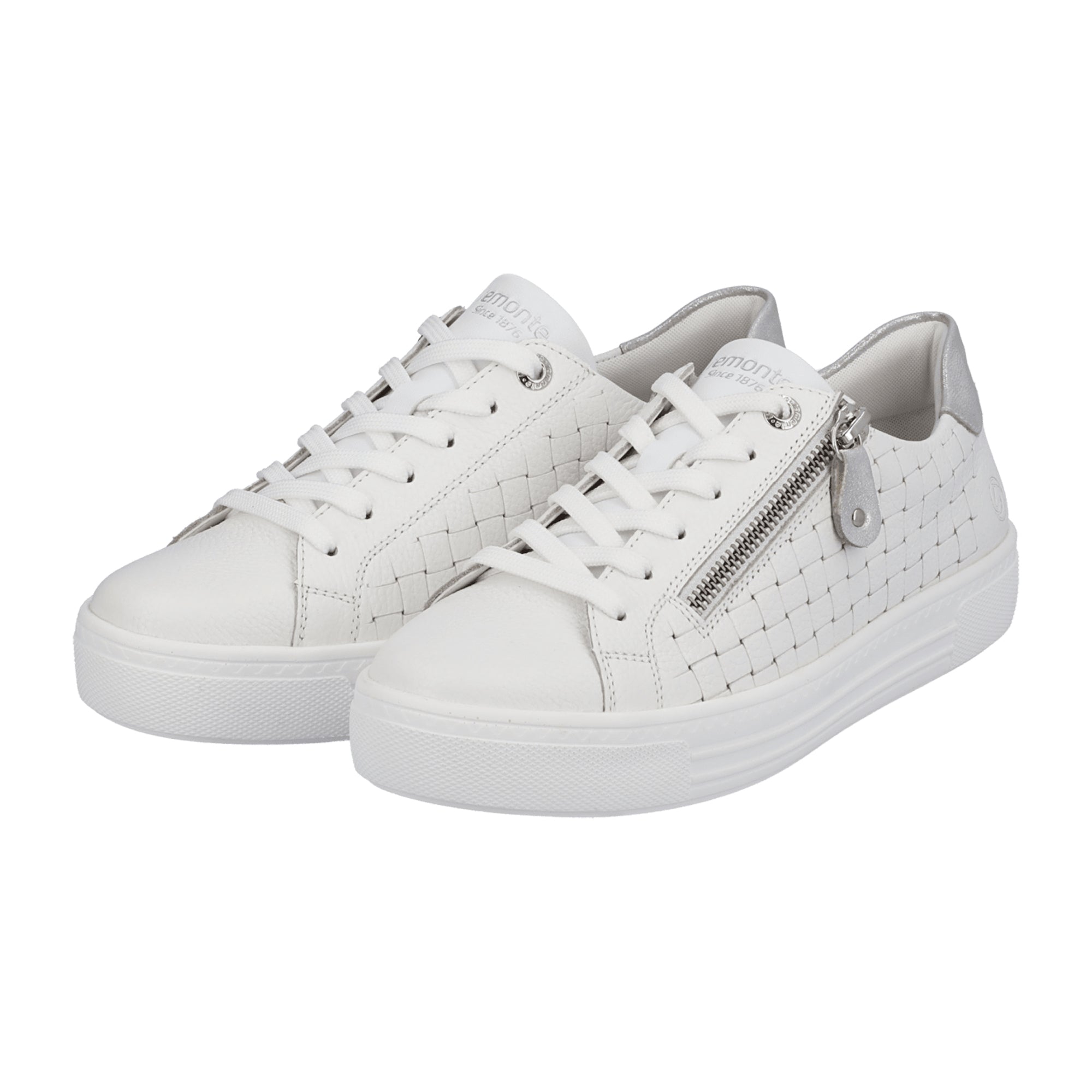 Remonte Women's White Leather Sneakers with Zipper and Laces