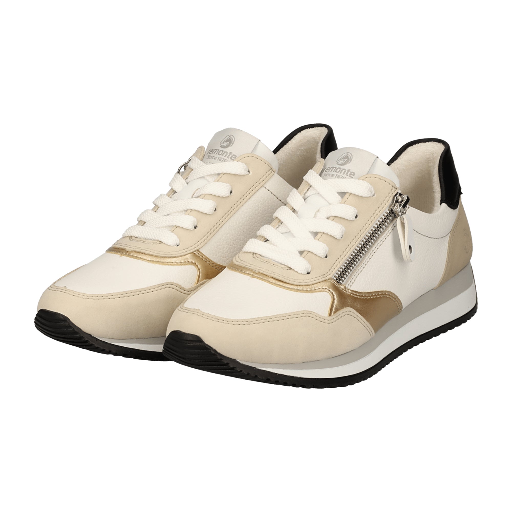 Remonte Beige Women's Leather Sneakers with Zip and Lace-Up Closure