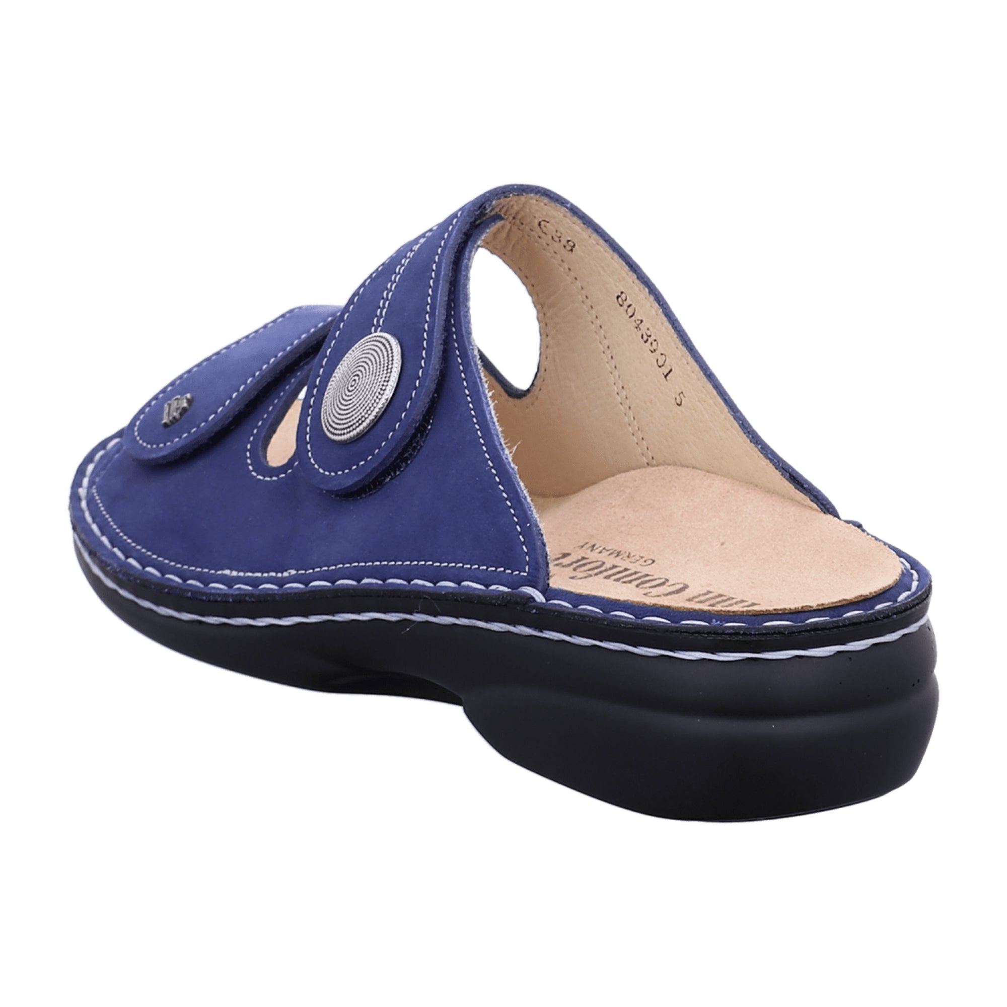 Finn Comfort Sansibar Women's Comfort Slides - Blue Nubuck Leather Sandals with Adjustable Straps