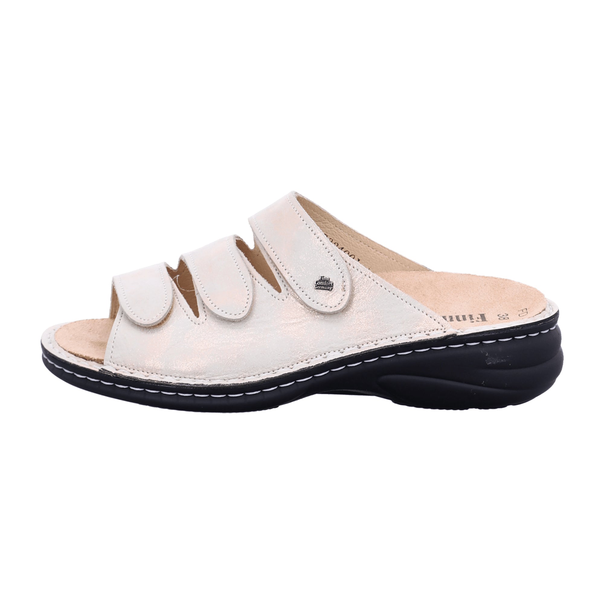 Finn Comfort Hellas Women's Slides - Beige Champagne Nuvola, Comfortable Leather Sandals with Removable Insoles