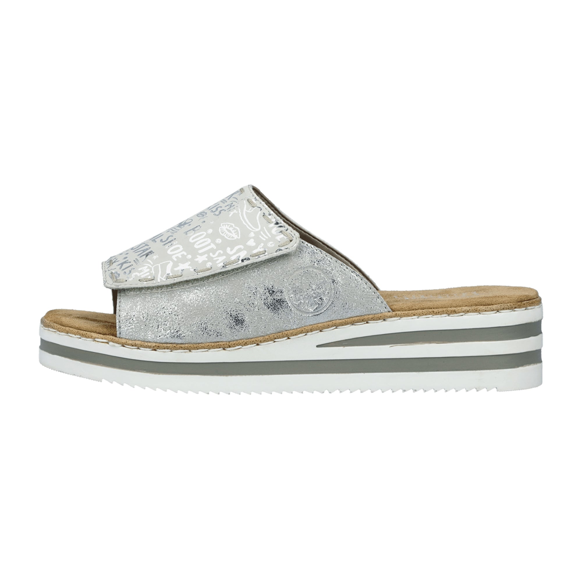 Rieker Women's Silver Slide Sandals with Velcro Strap and Cushioned Sole
