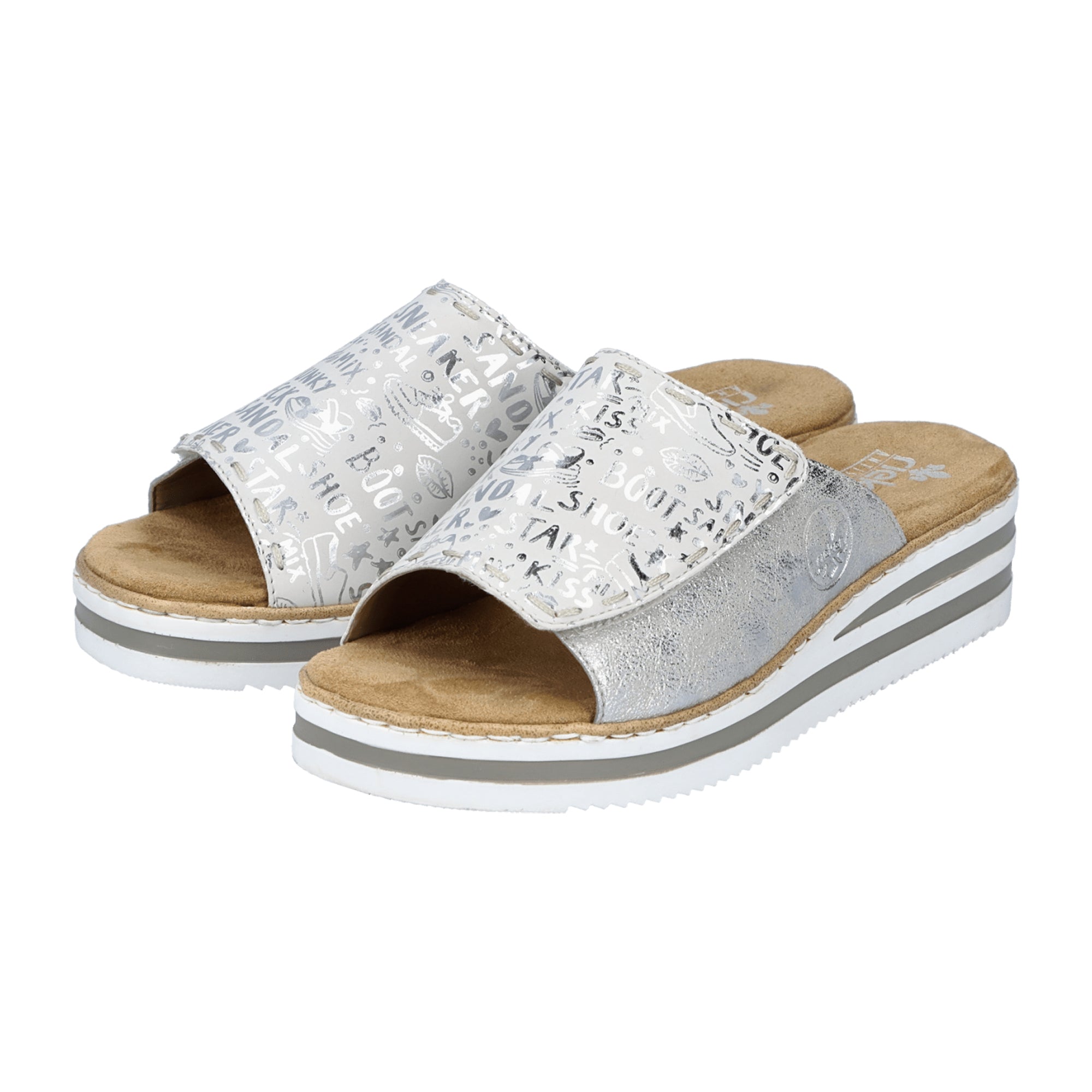 Rieker Women's Silver Slide Sandals with Velcro Strap and Cushioned Sole
