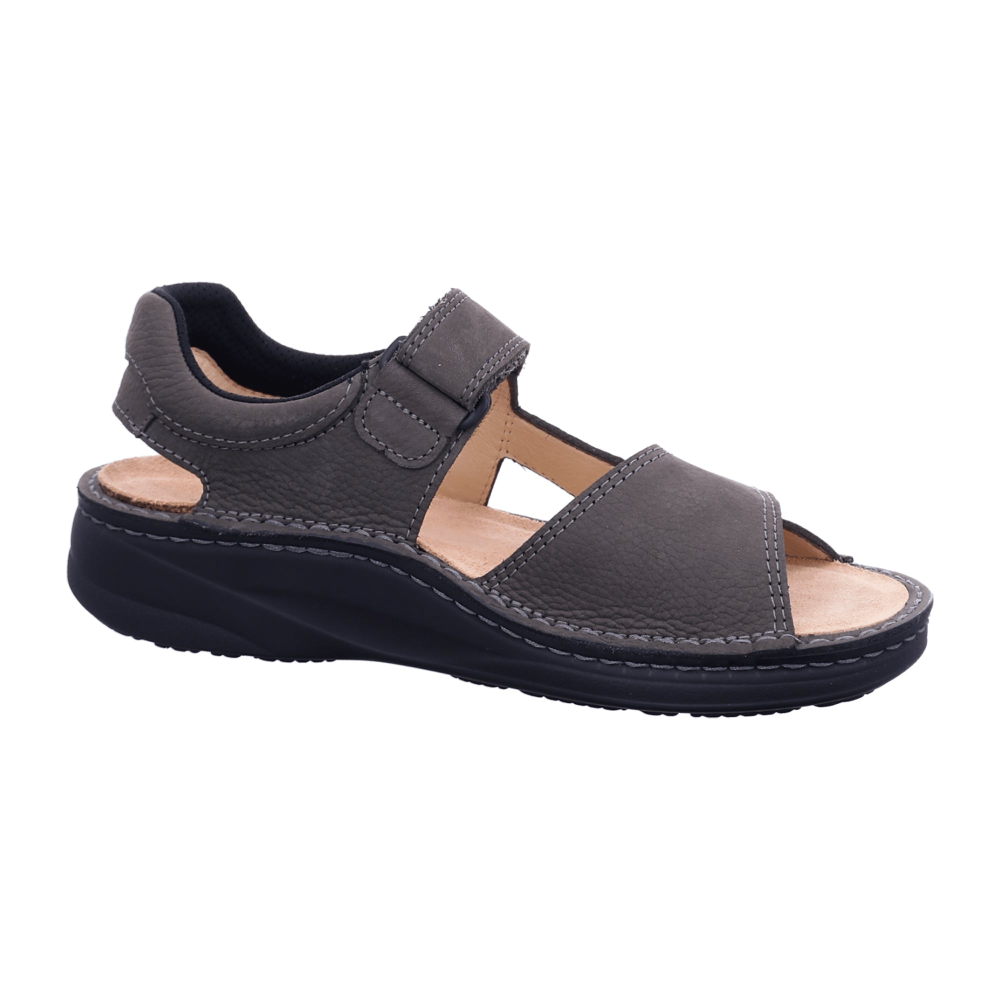 Finn Comfort Skiathos Men's Comfort Sandals - Grey/Black Leather with Adjustable Soft Footbed